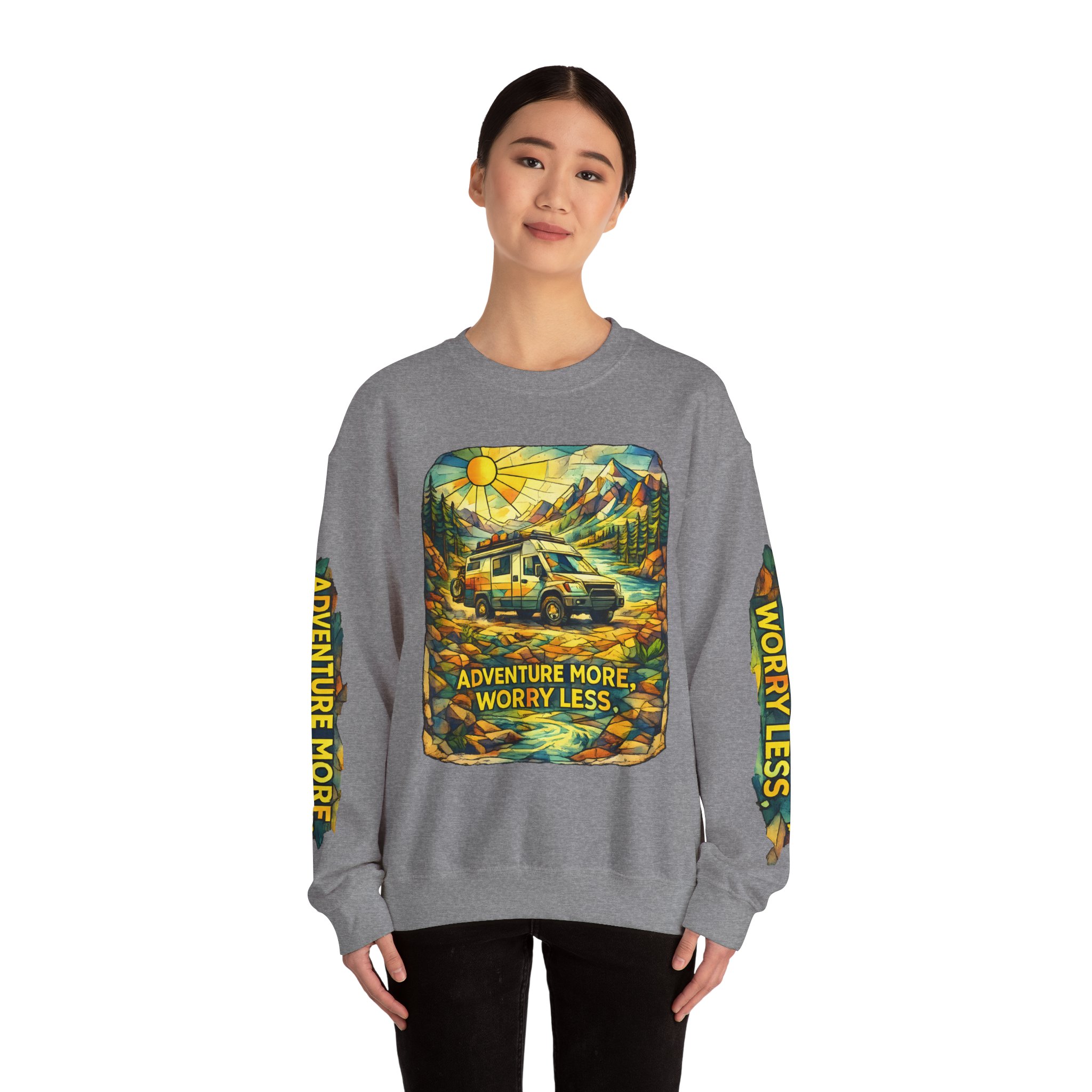 Unisex Heavy Blend™ Crewneck Sweatshirt — "Adventure More Worry Less" Design Cubic-Line