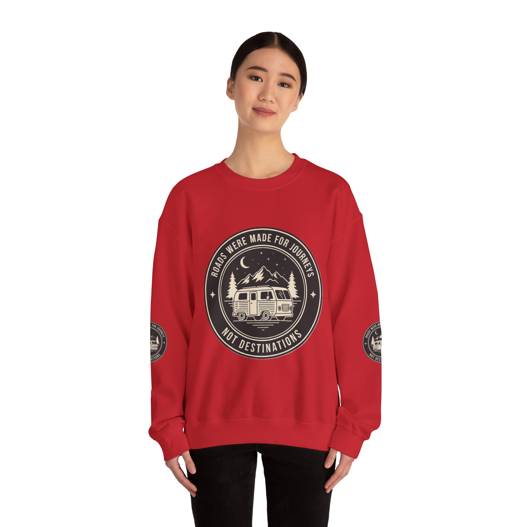 Crewneck Sweatshirt — "ROAD WHERE MADE FOR JOURNEYS-NOT DESTINATIONS" (Font + Back + Sleaves printed) Vintage Camper Van Outdoor Graphic