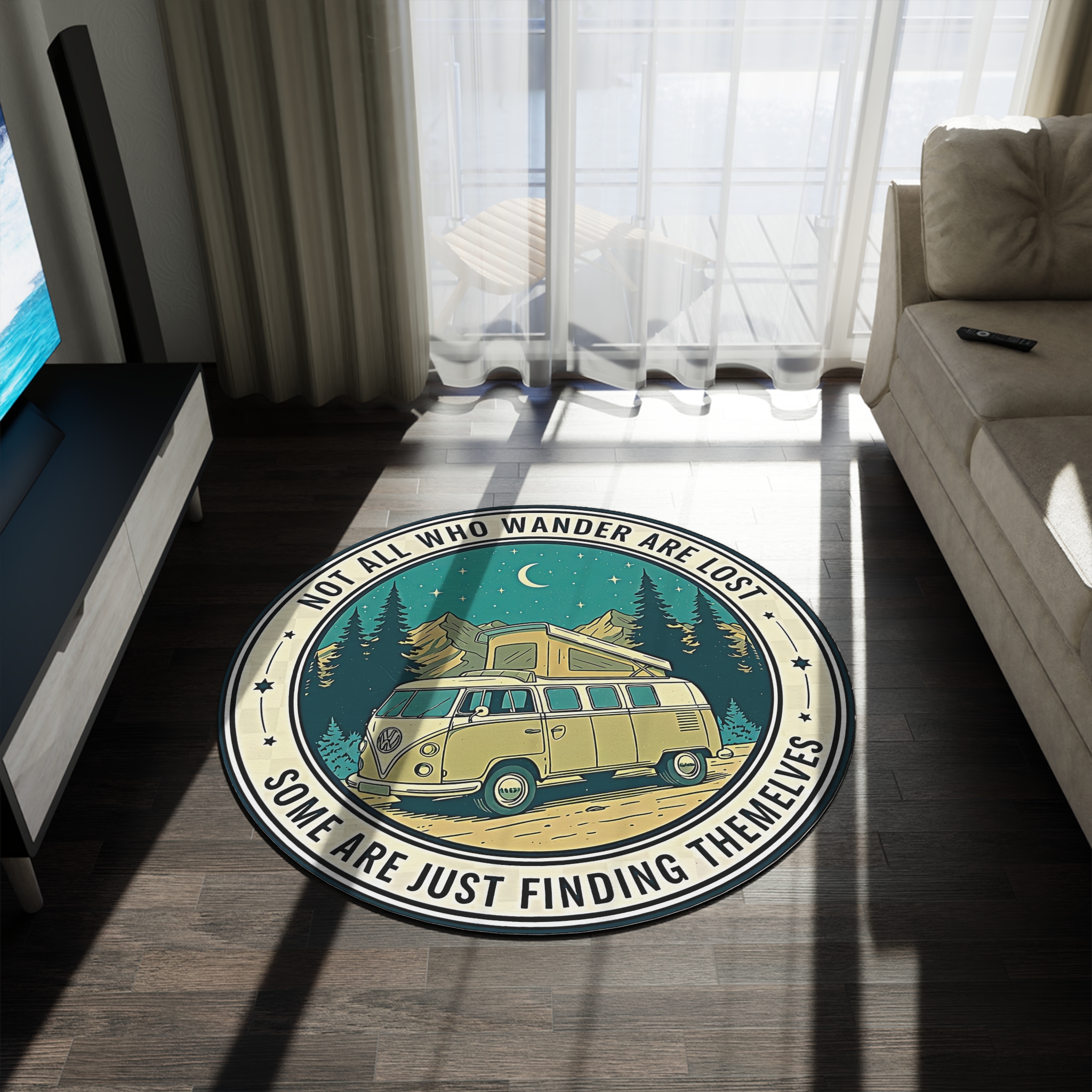 Round Rug - "Not All Who Wander Are Lost" Camper Van Boho Travel Rug