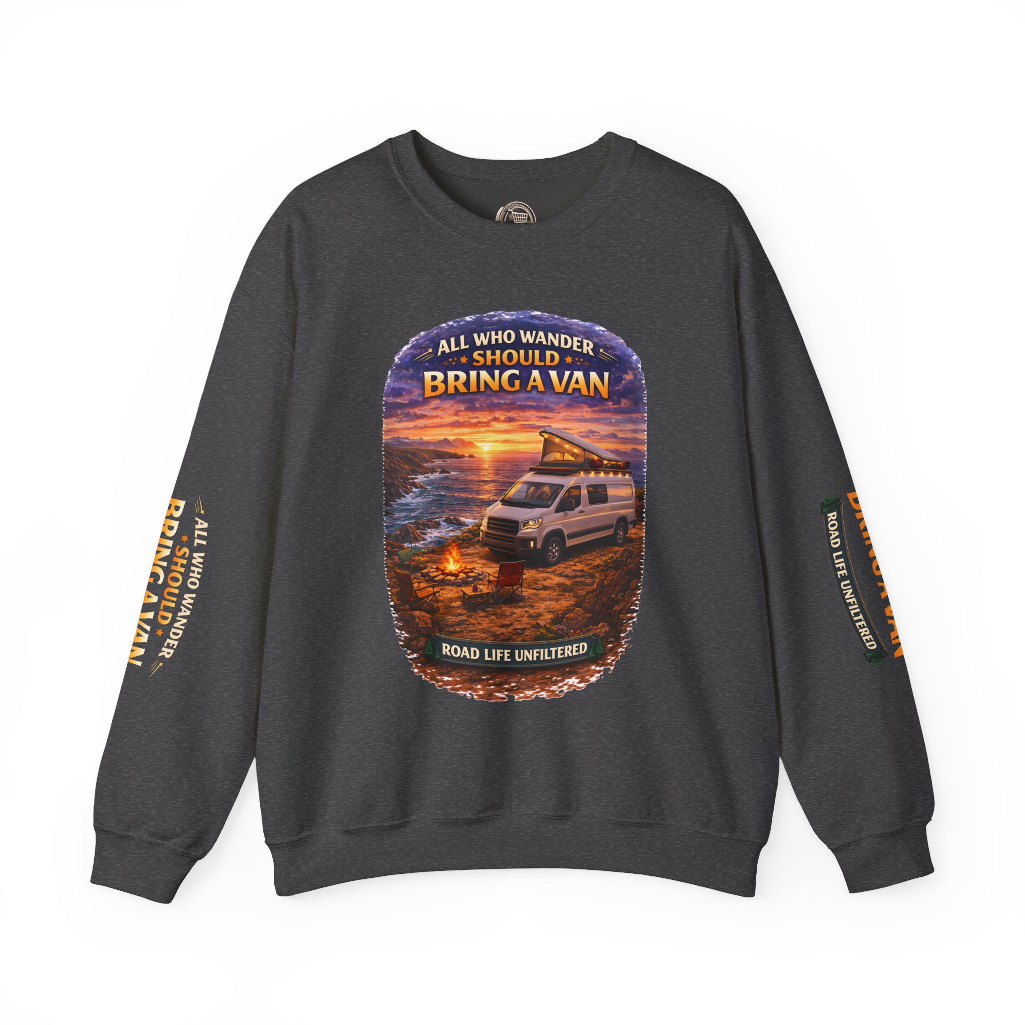 Unisex Heavy Blend™ Crewneck Sweatshirt — "All Who wander Should Bring A Van" Design Scenic-Line