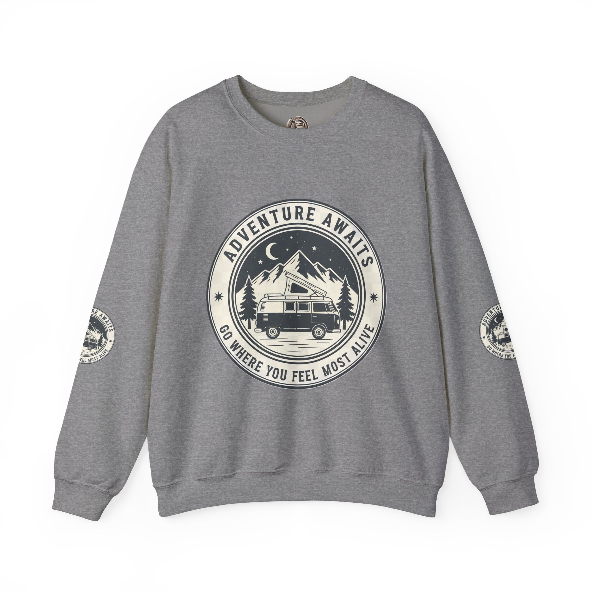 3415451889419967279_2048.jpeg Crewneck Sweatshirt — "Adventure Awaits-Go Where You Feel Most Alive" (Font + Back + Sleaves printed) Vintage Camper Van Outdoor Graphic