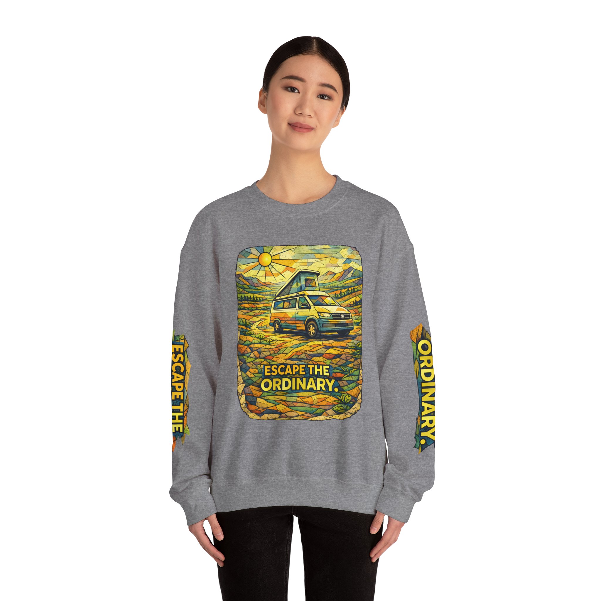 Unisex Heavy Blend™ Crewneck Sweatshirt — "Escape The Ordinary" Design Cubic-Line