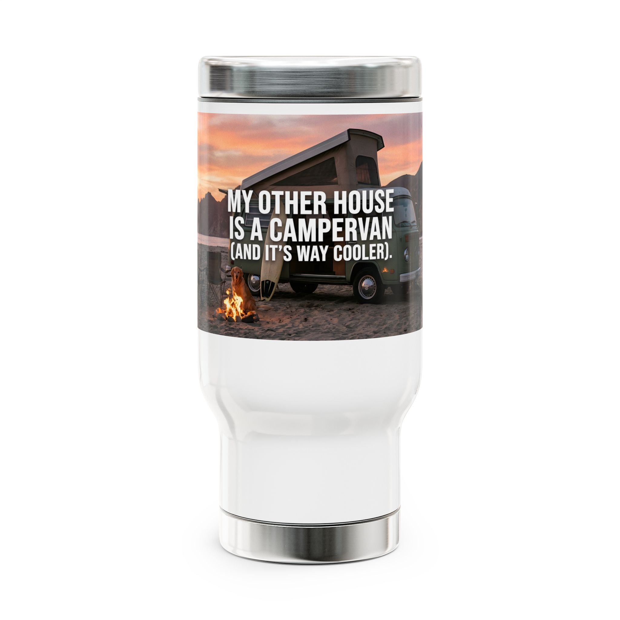 Stainless Steel Travel Mug with Handle, 14oz — "My Other House Is a Campervan (And It’s Way Cooler)"