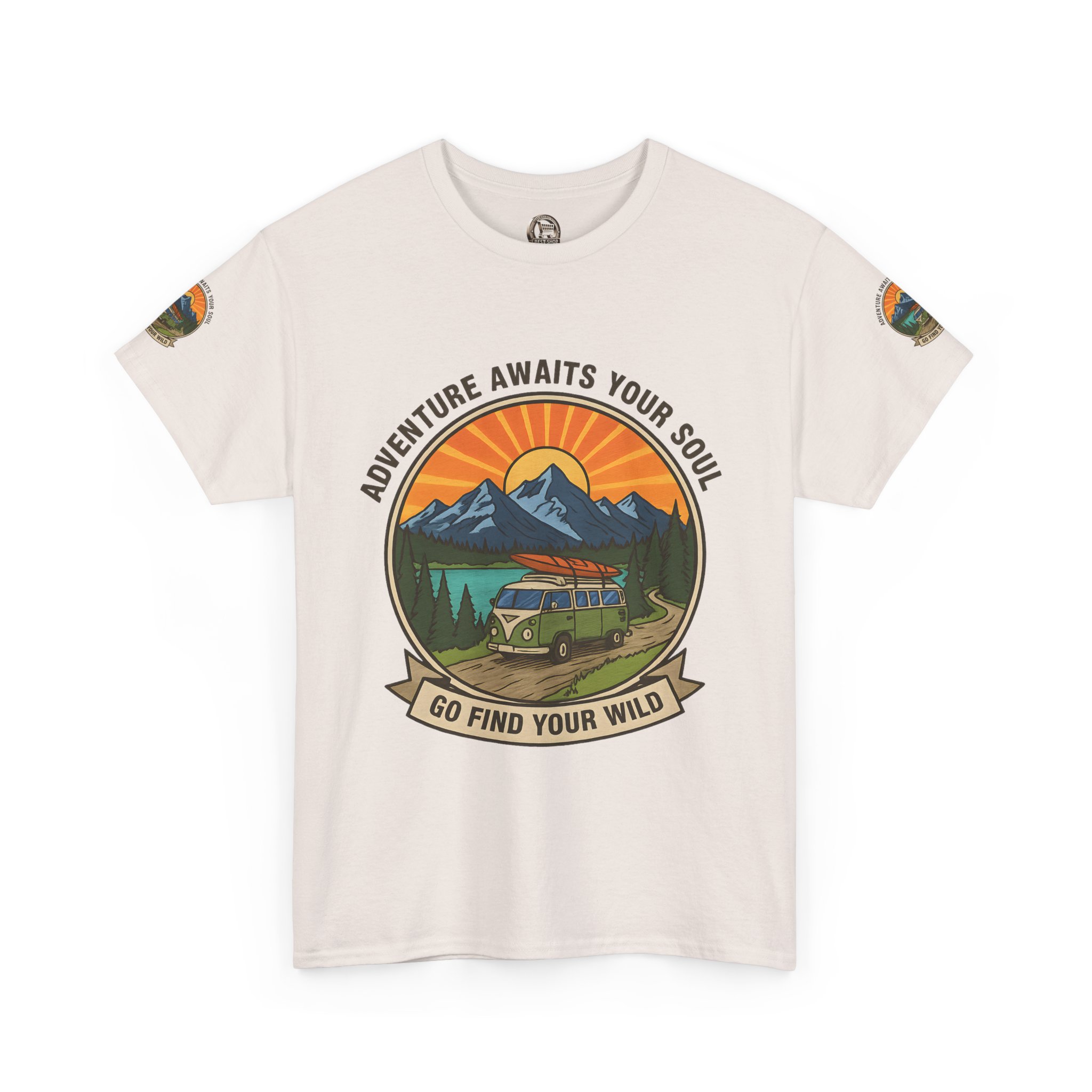Unisex Heavy Cotton Tee — “Adventure Awaits Your Soul: Go Find Your Wild” Van & Mountain Graphic