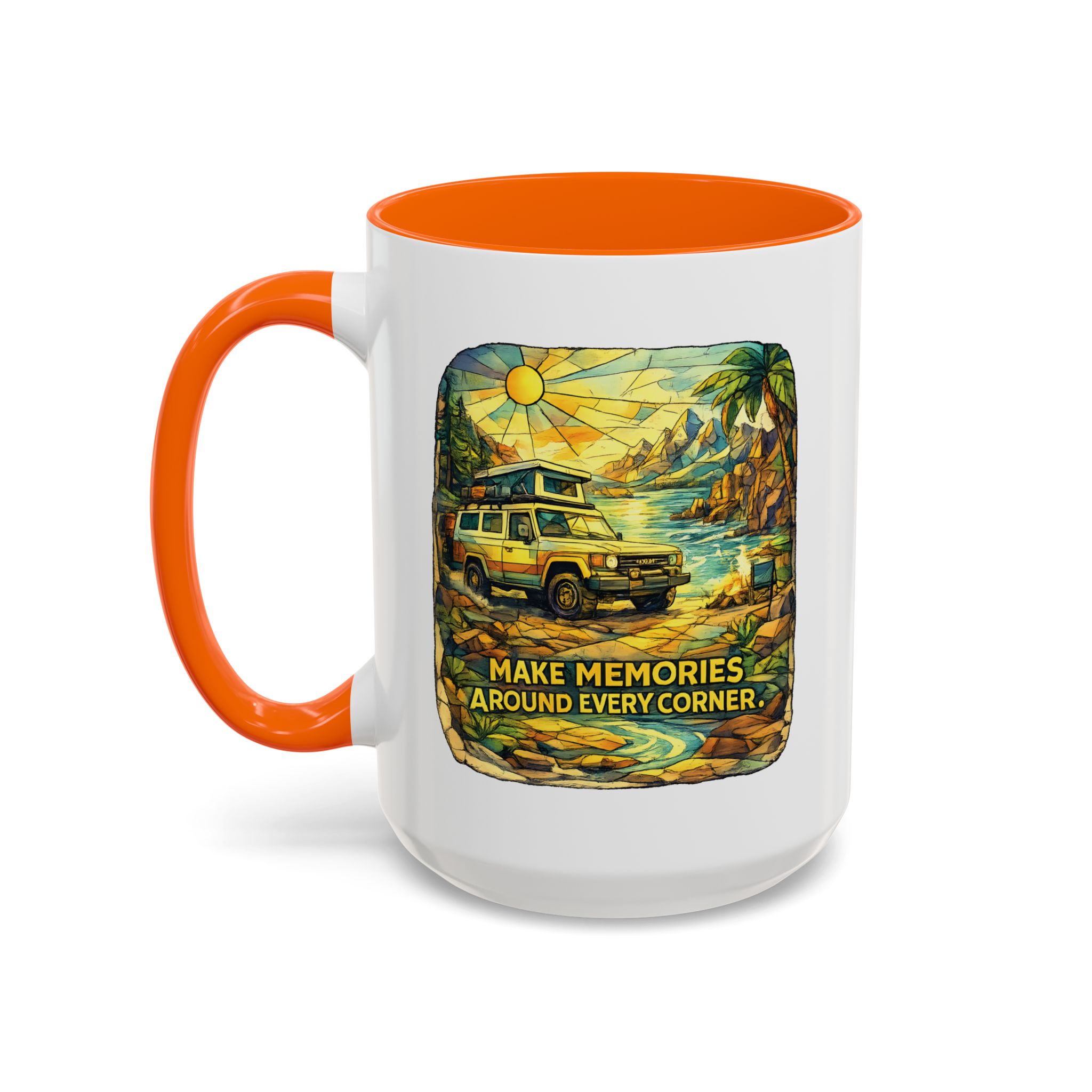 Accent Coffee Mug (11, 15oz) — "Make Memories Around Every Corner" Design Cubic-Line