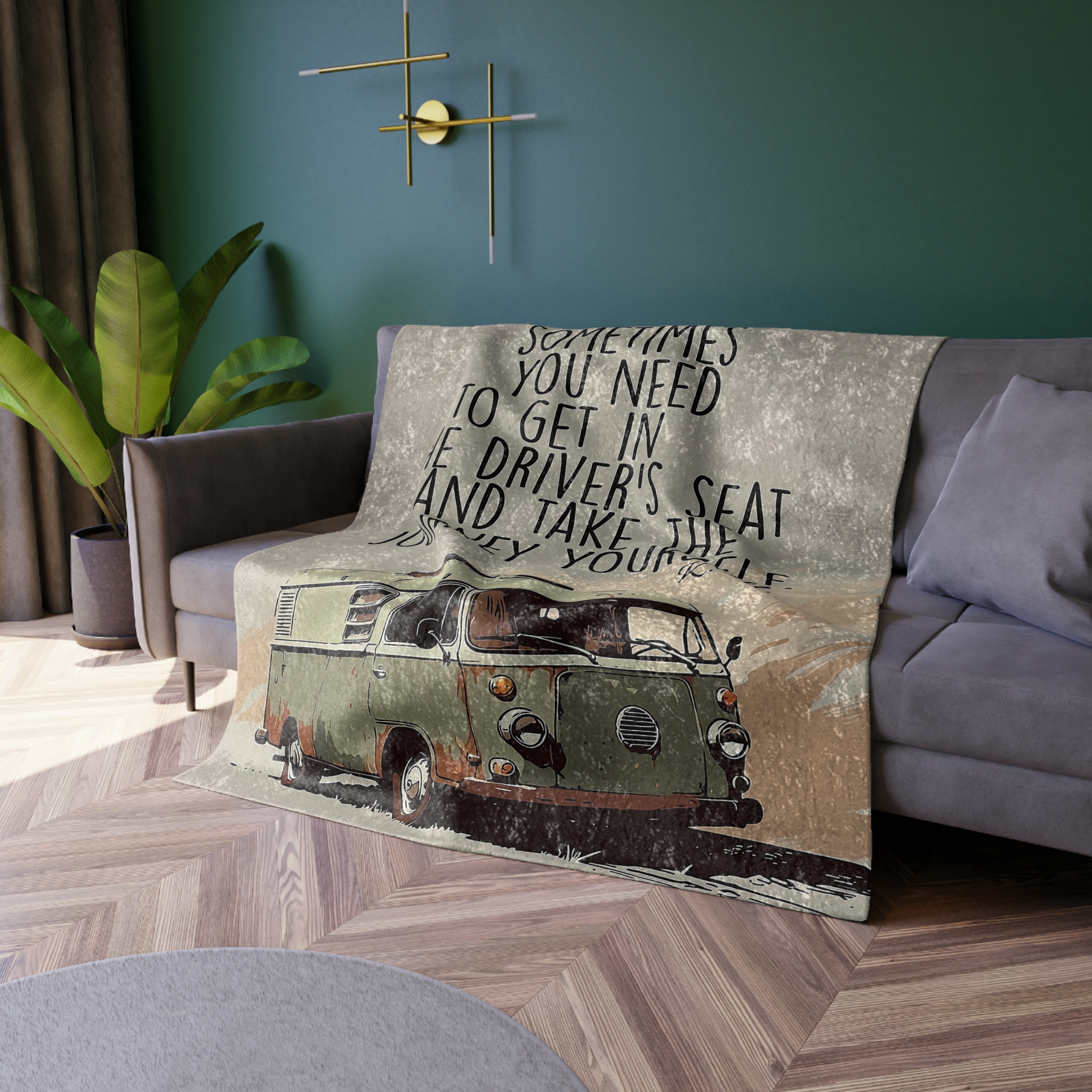 Crushed Velvet Blanket — Vintage VW Camper Quote: “Sometimes You Need to Get in the Driver’s Seat” Cozy Throw for Travel Lovers