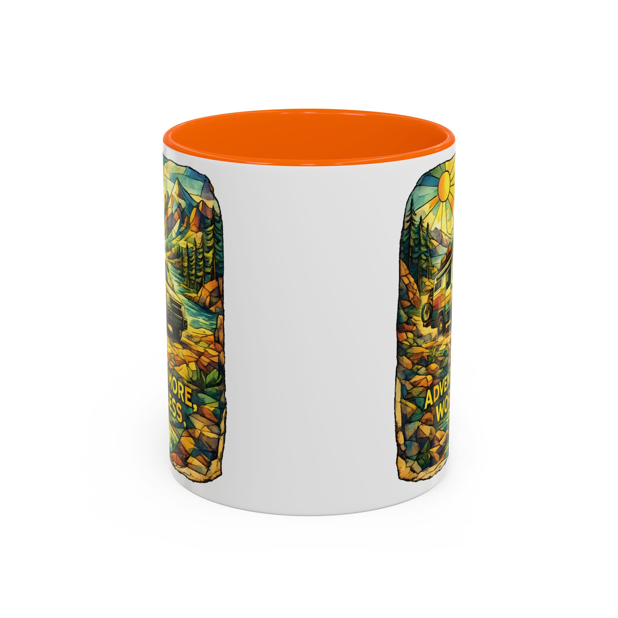 Accent Coffee Mug (11, 15oz) — "Adventure More Worry Less" Design Cubic-Line