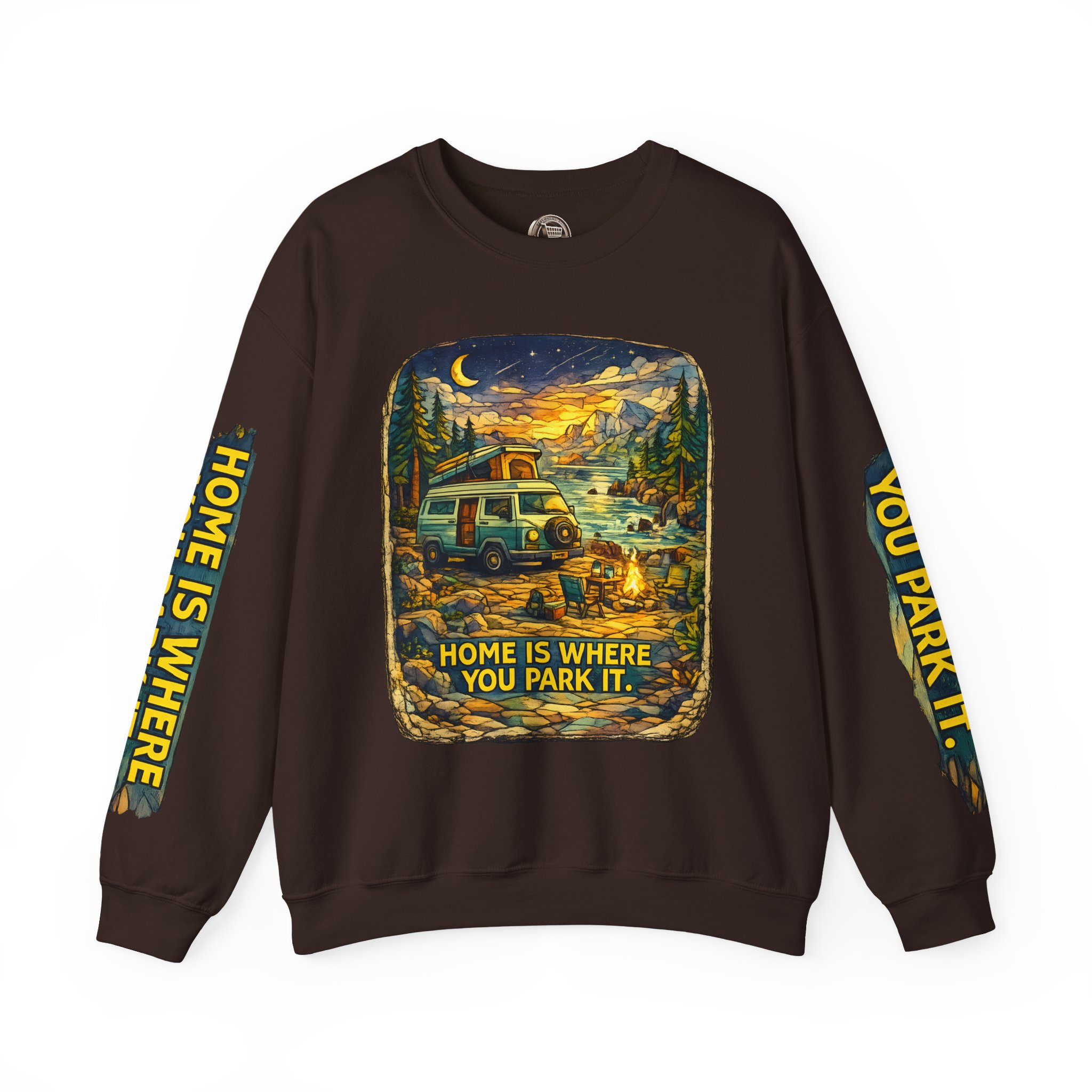 Unisex Heavy Blend™ Crewneck Sweatshirt — "Home Is Where You Park It" Design Cubic-Line