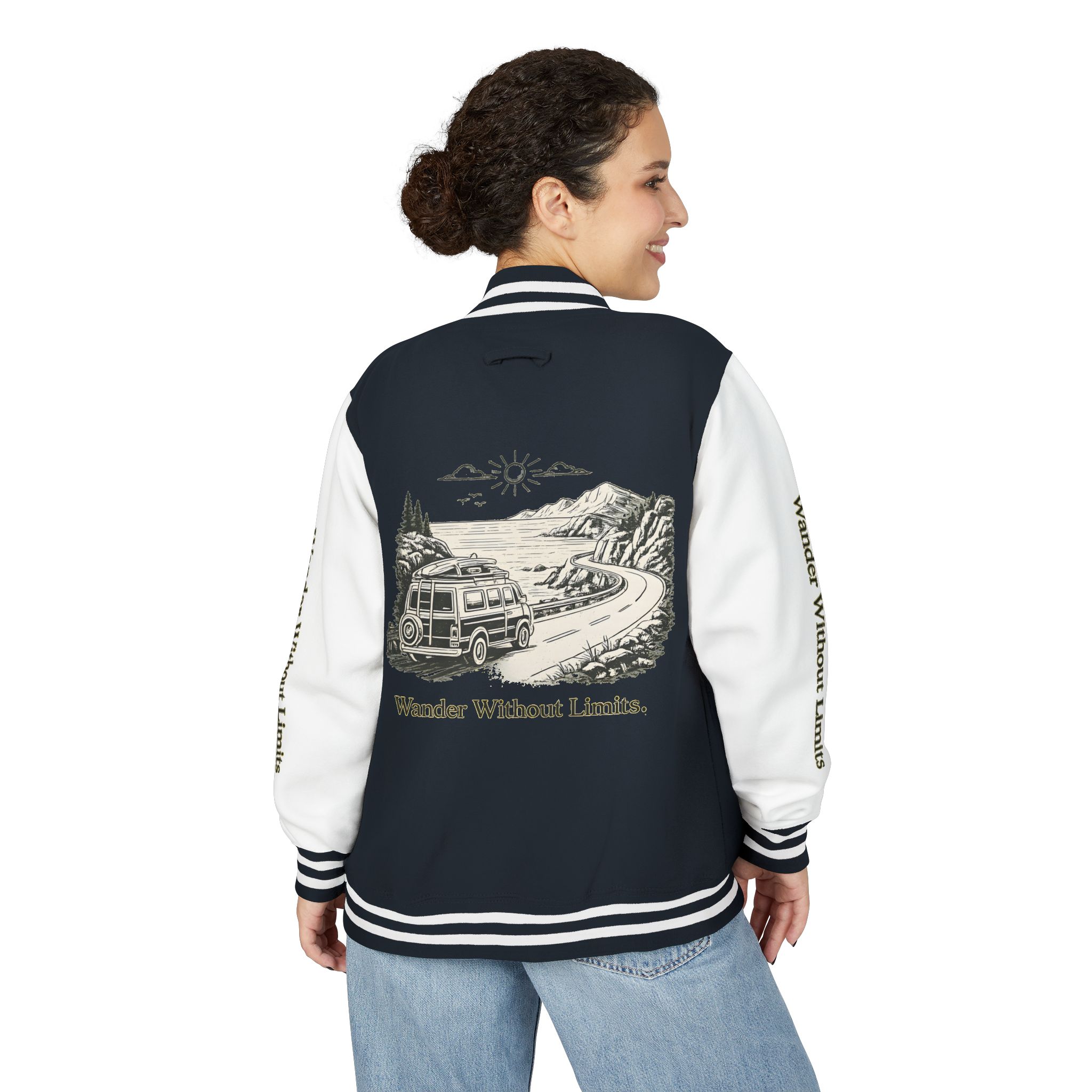 Unisex Heavyweight Letterman Jacket — "Wander Without Limits" Travel Varsity Coat