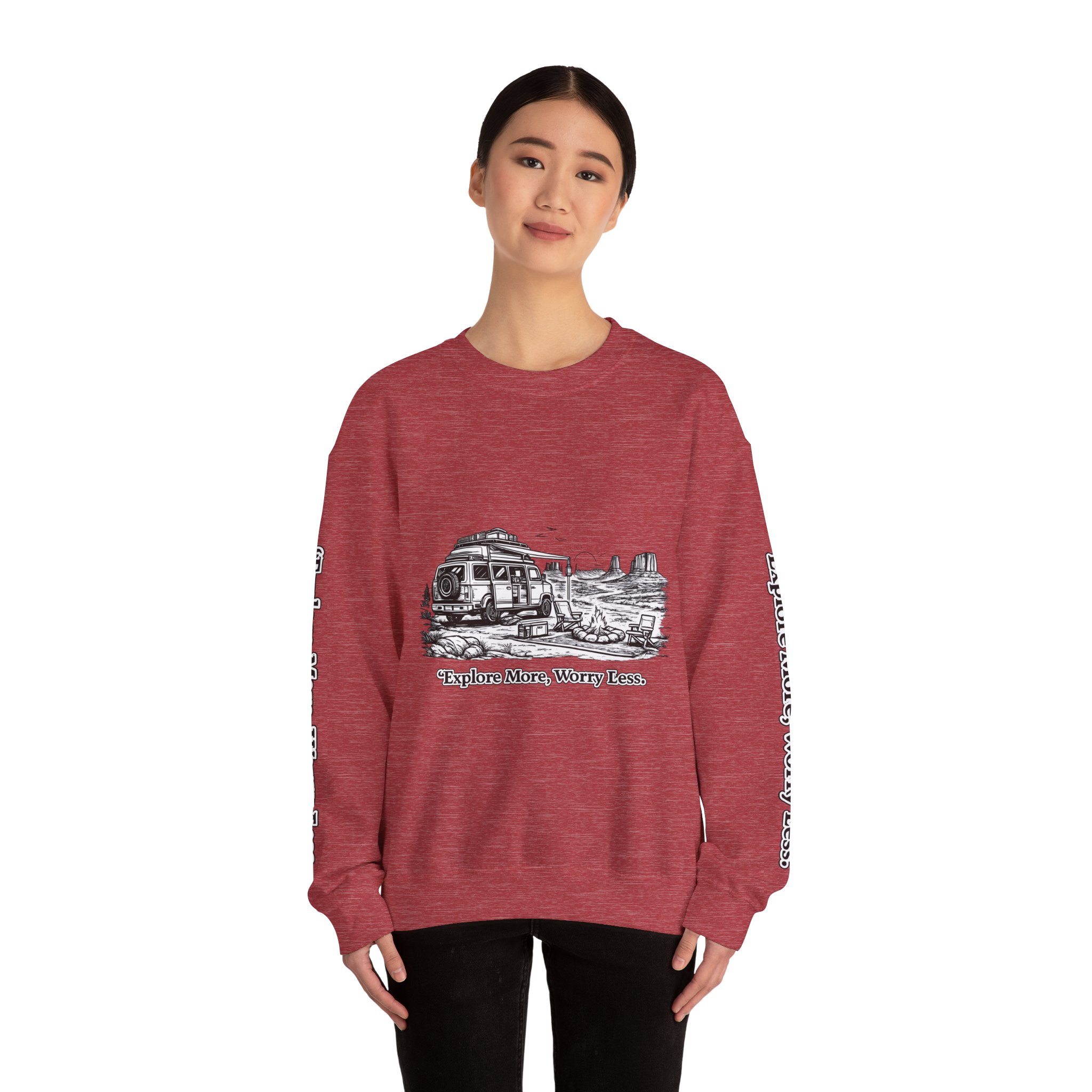 Unisex Heavy Blend™ Crewneck Sweatshirt — "Explore More Worry Less" Design Minimal-Line