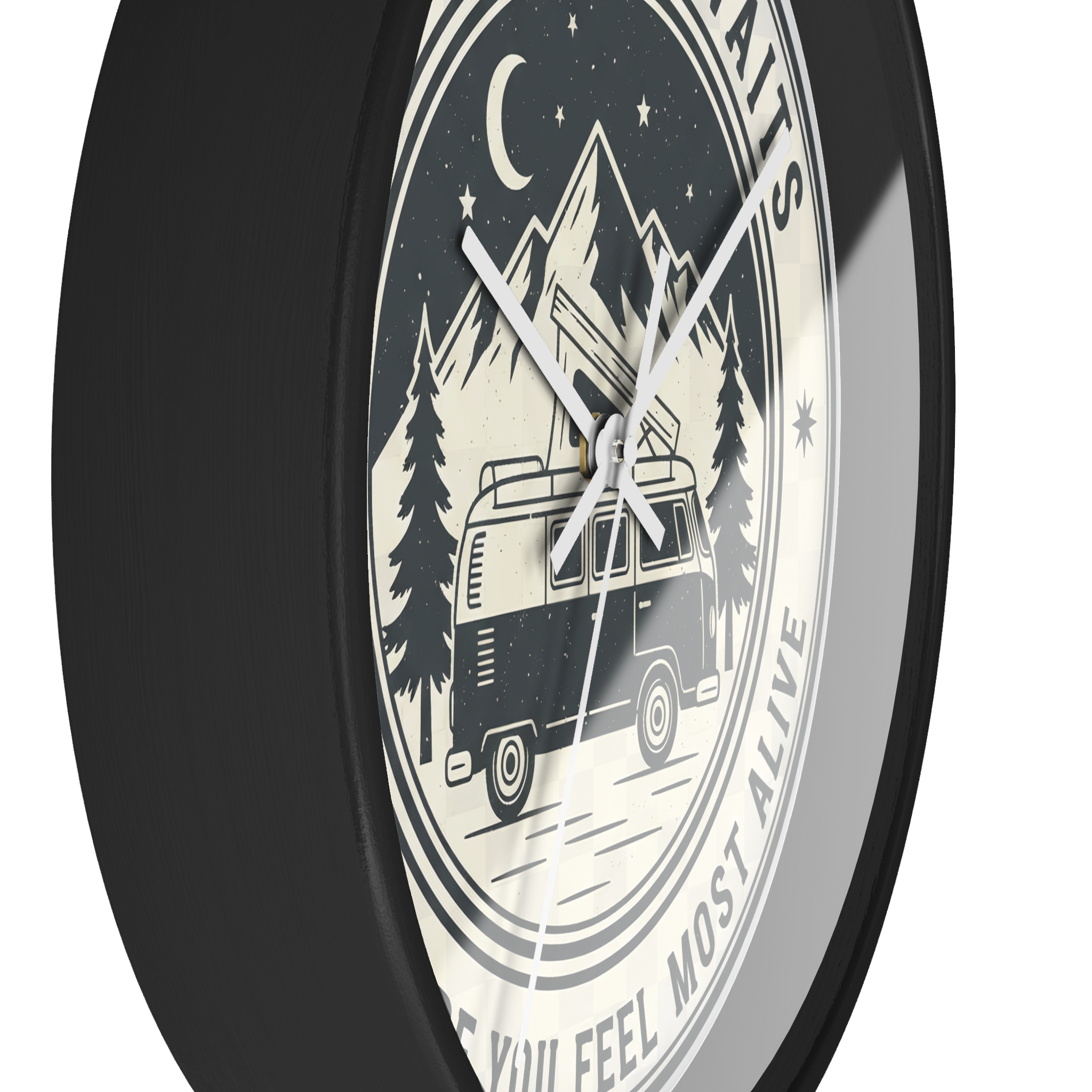Wall Clock — "Adventure Awaits-Go Where You Feel Most Alive" Camper Van Mountain Travel Timepiece