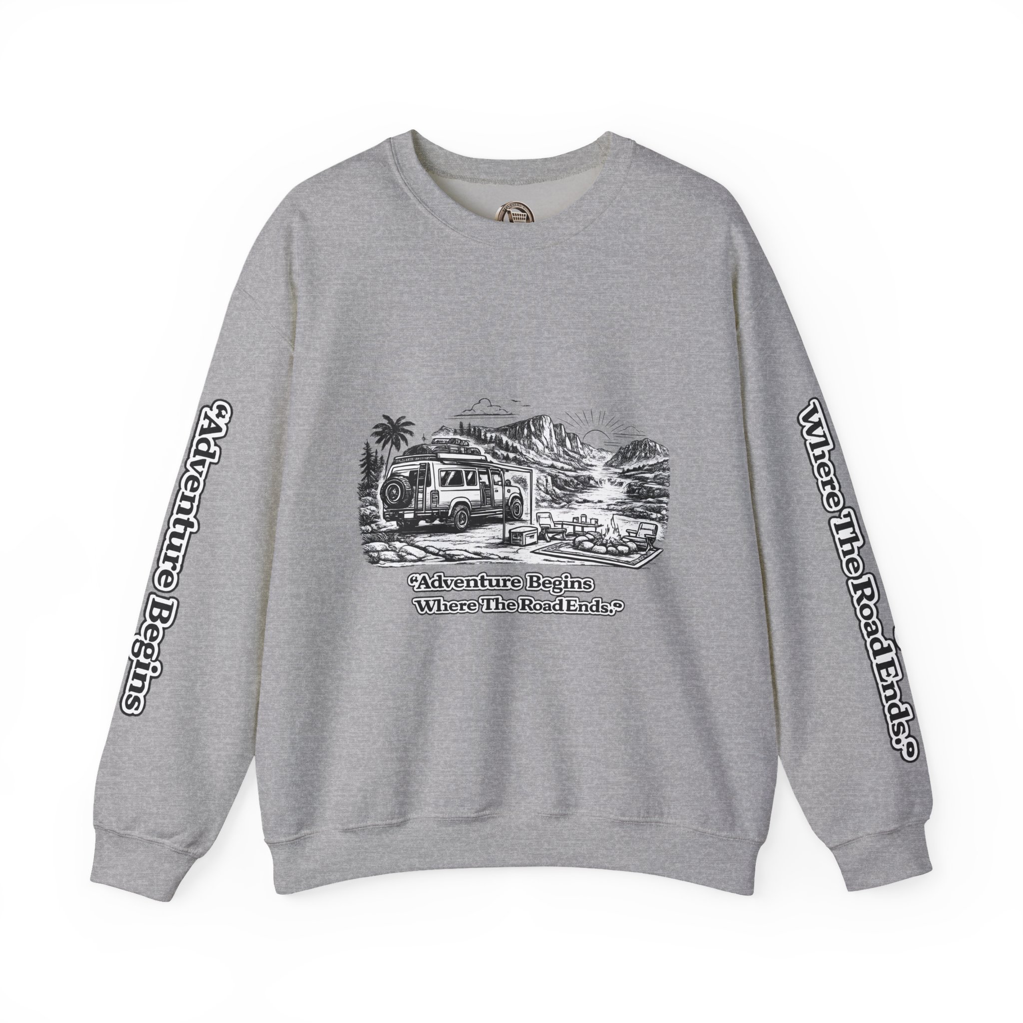 3471484030343234923_2048.jpeg Unisex Heavy Blend™ Crewneck Sweatshirt — "Adventure Begins Where The Road Ends" Design Minimal-Line