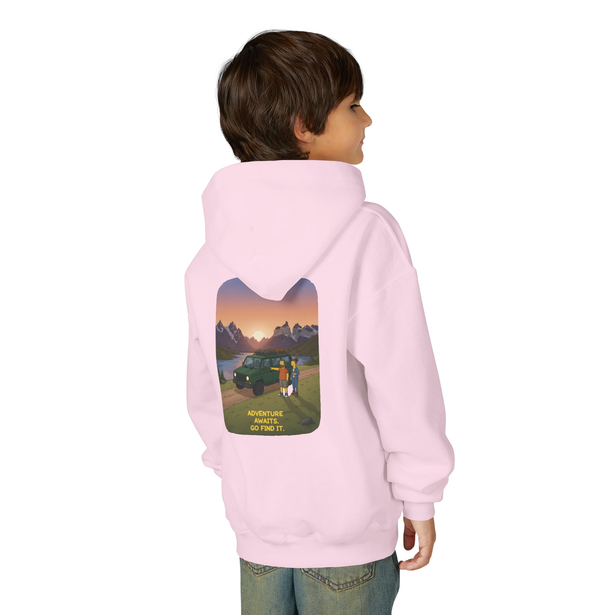 Youth Hoodie(Gildan) – "Adventure Awaits-Go Find It" (Design Sitcom-Line)
