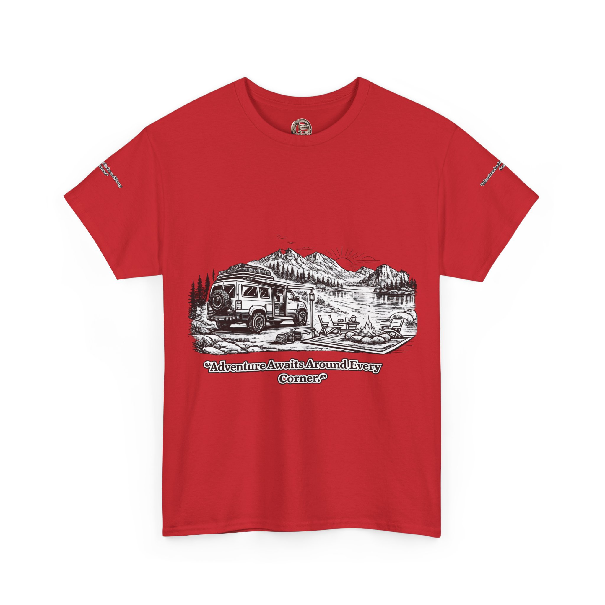 Unisex Heavy Cotton Tee — "Adventure Awaits Around Every Corner" Design Minimal-Line