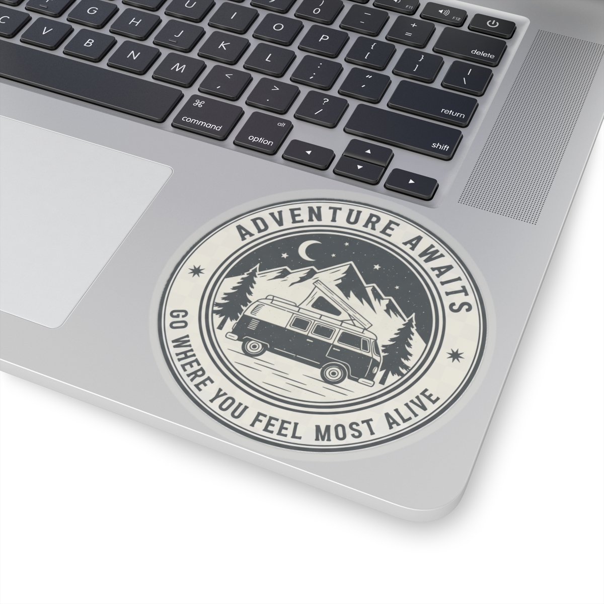 3512567930618332115_1200.jpeg Round Sticker — "Adventure Awaits-Go Where You Feel Most Alive" Camper Van Decal