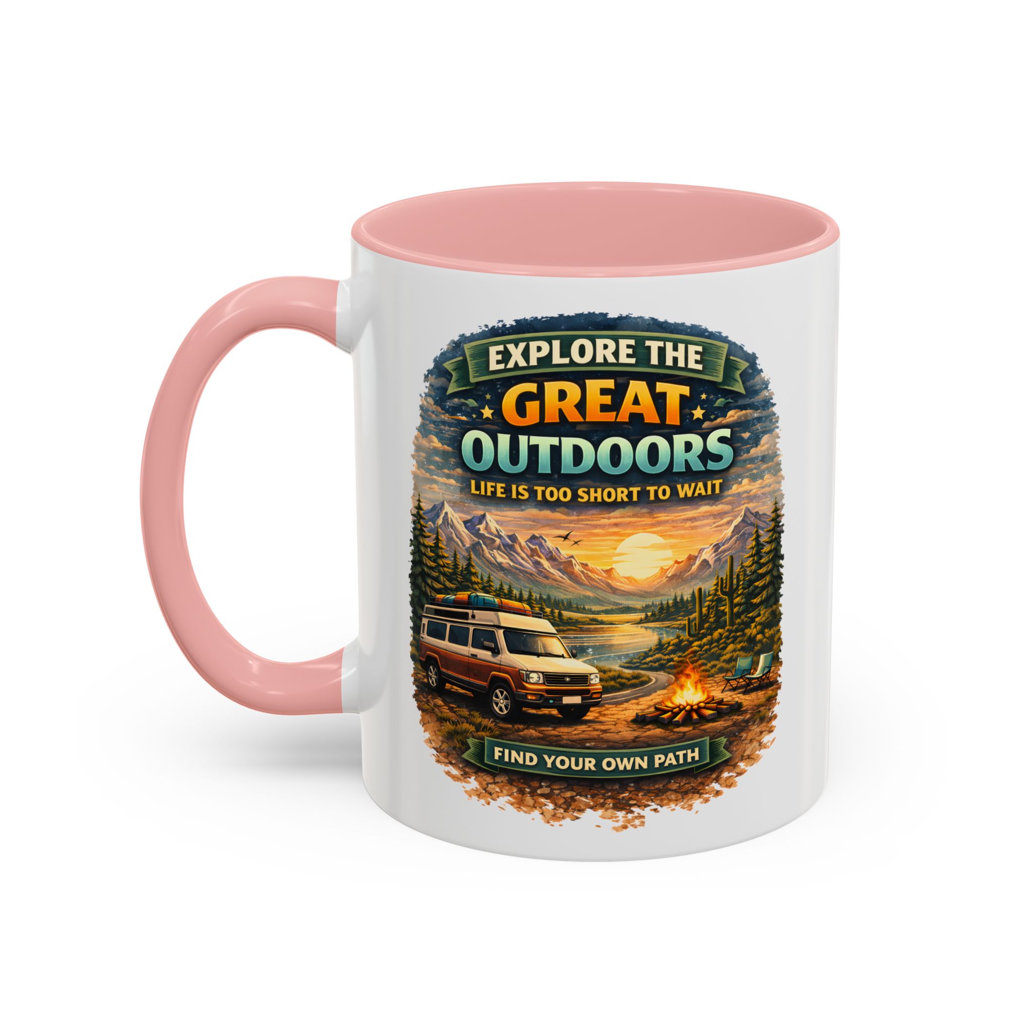 Accent Coffee Mug (11, 15oz) — "Explore The Great Outdoors" Design Scenic-Line