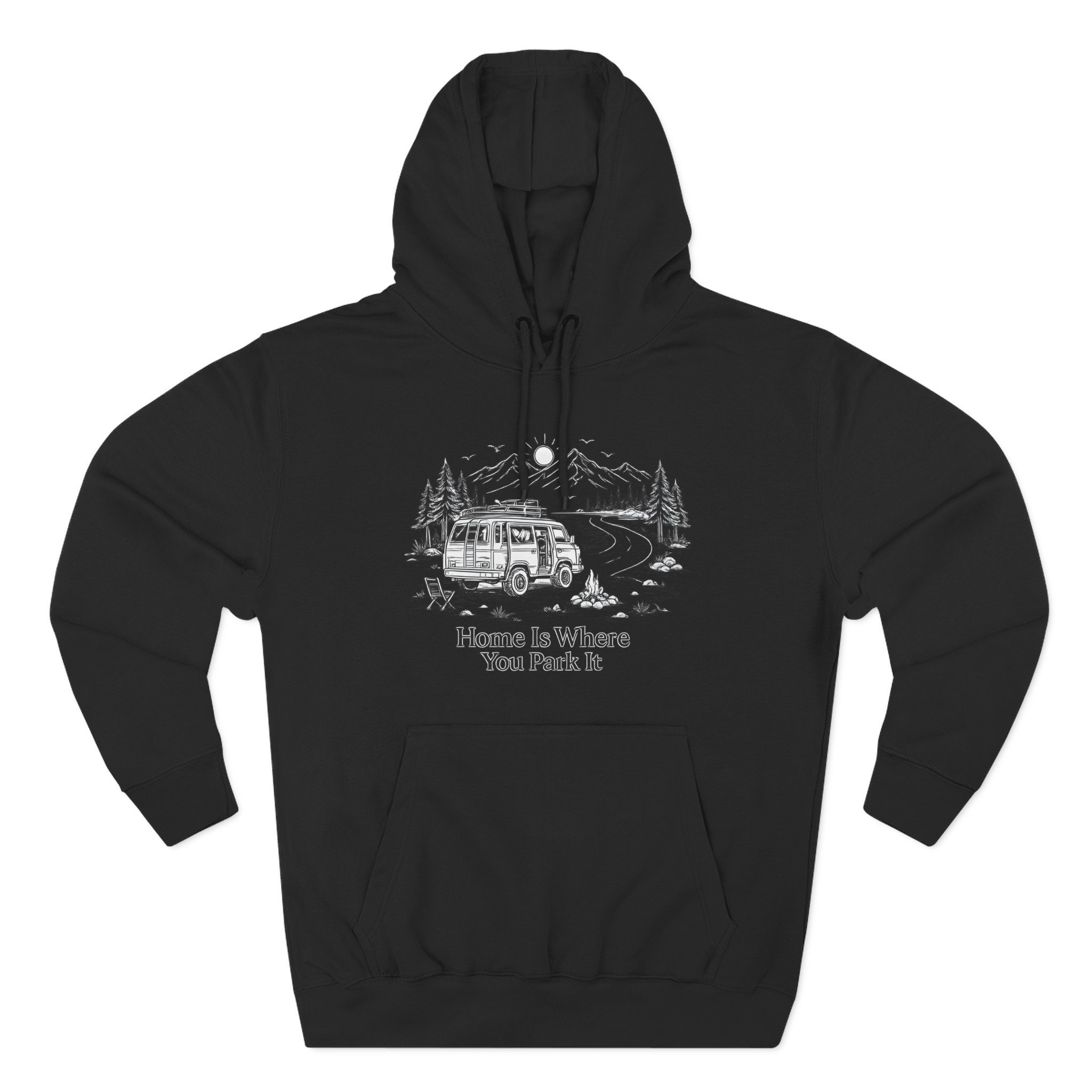 3545693045297696529_2048.jpeg Three-Panel Fleece Hoodie - "Home Is Where You Park It" Design Minimal-Line
