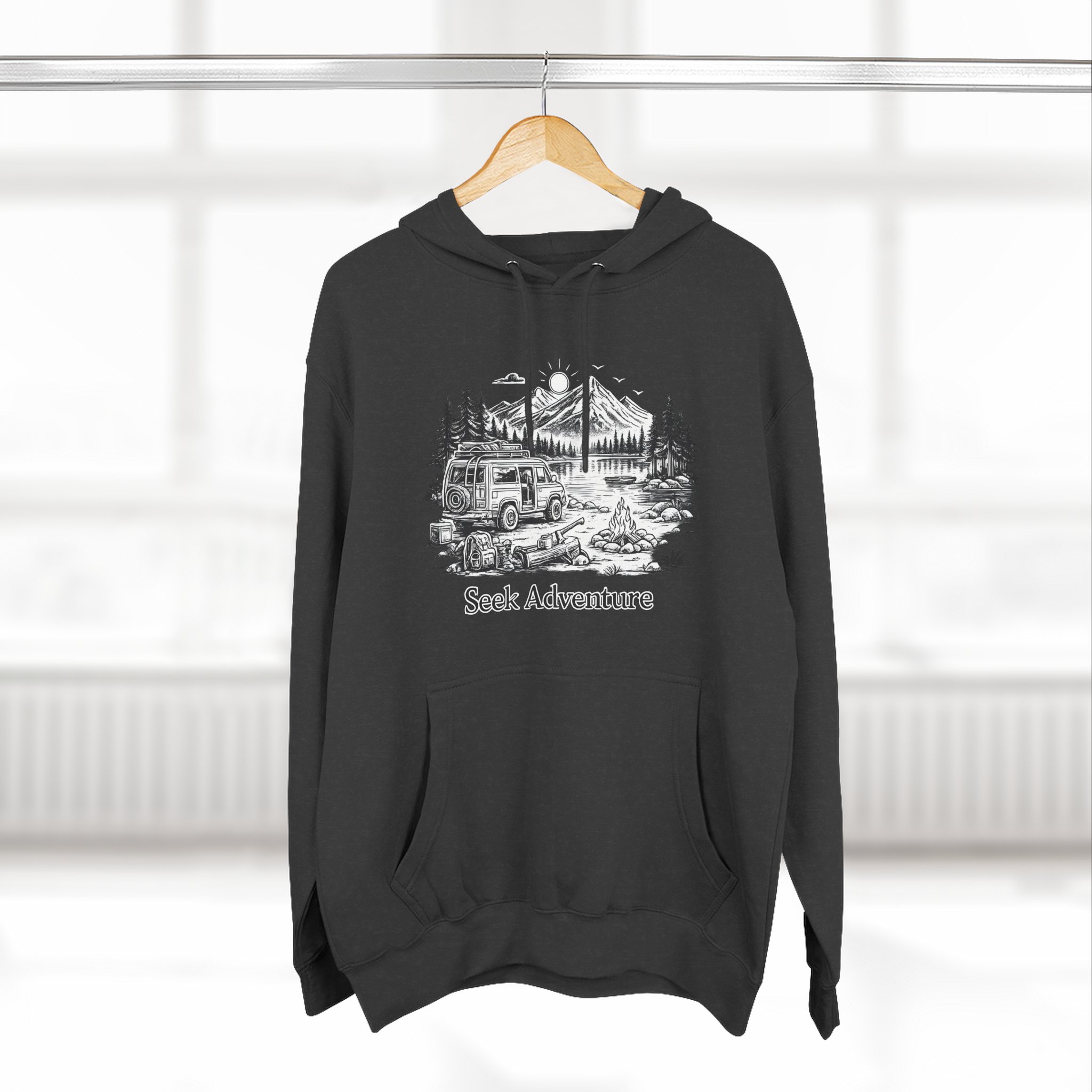 Three-Panel Fleece Hoodie - "Seek Adventure" Design Minimal-Line