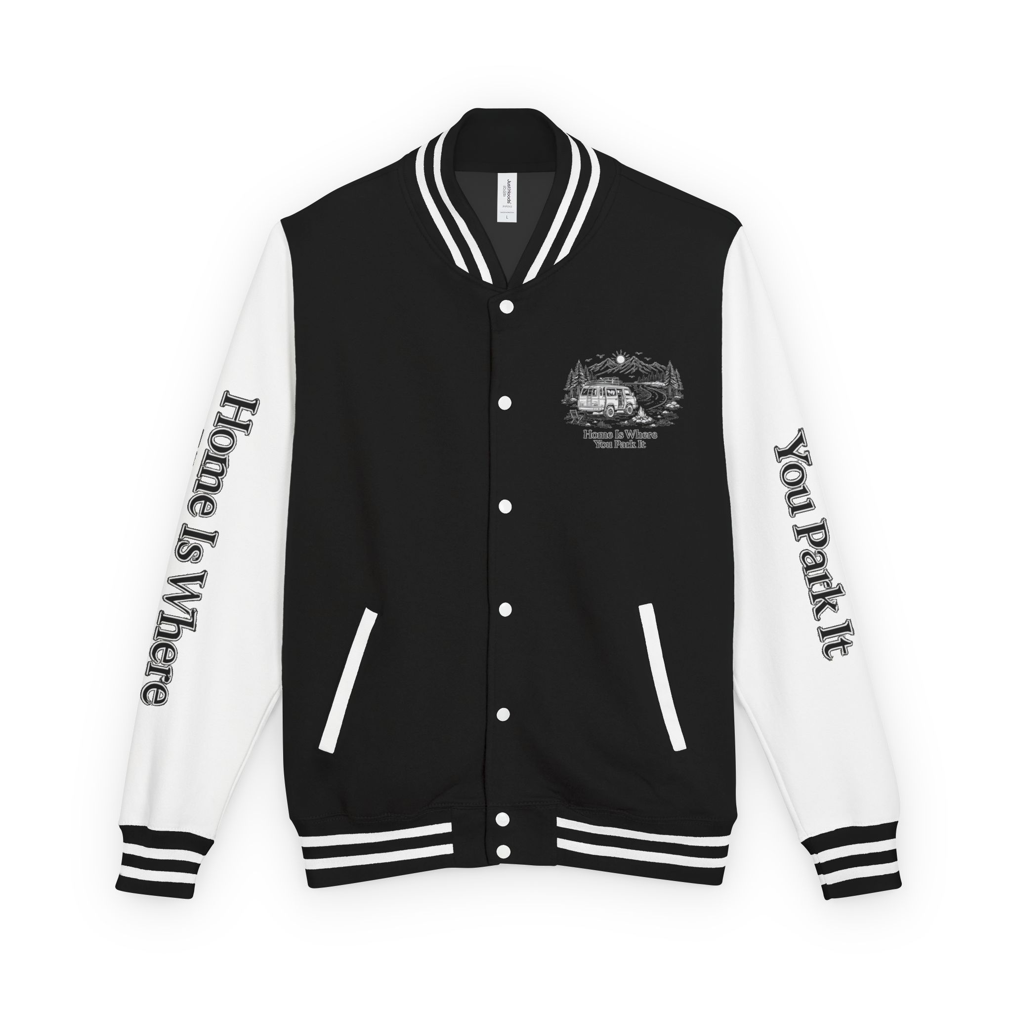 Unisex Heavyweight Letterman Jacket — "Home Is Where You Park It" Travel Varsity Coat