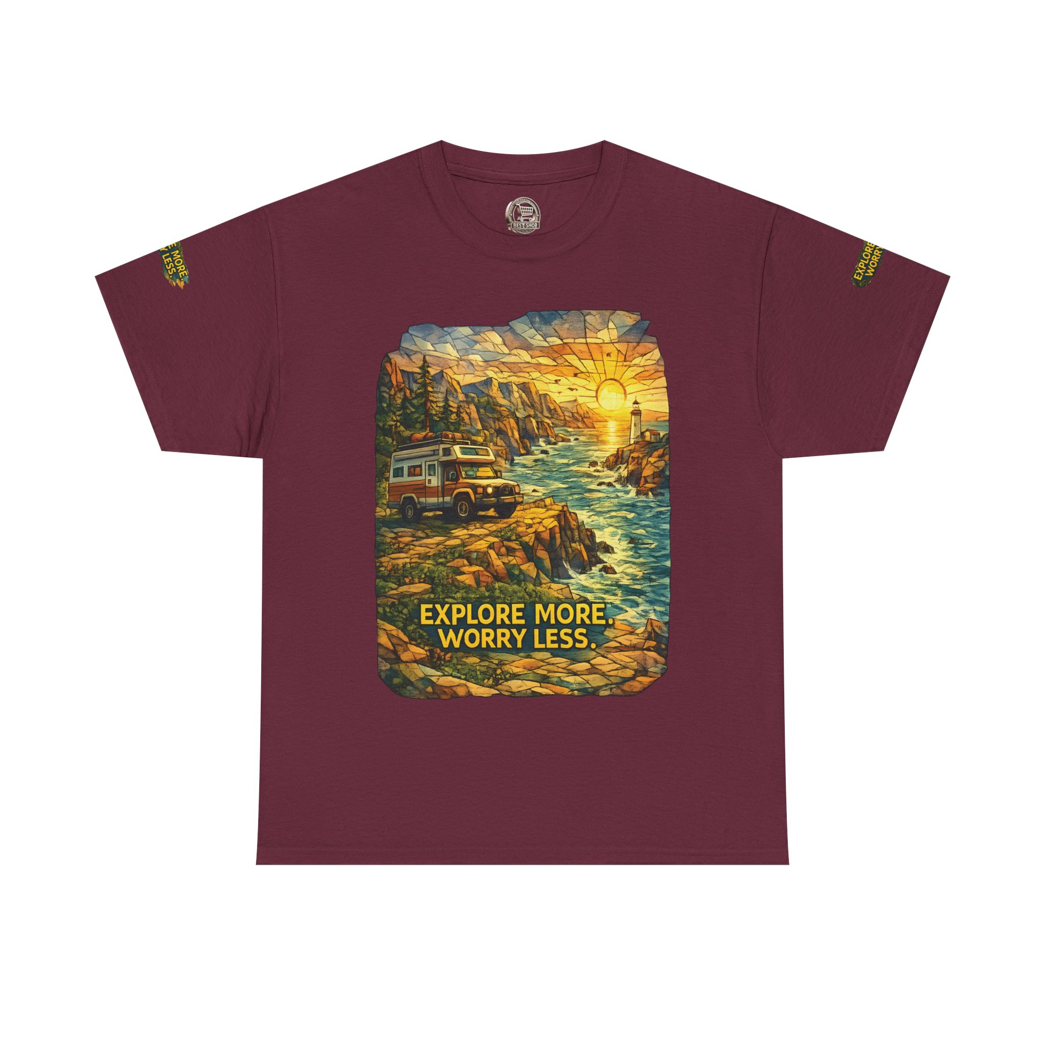 Unisex Heavy Cotton Tee — "Explore More Worry Less" Design Cubic-Line