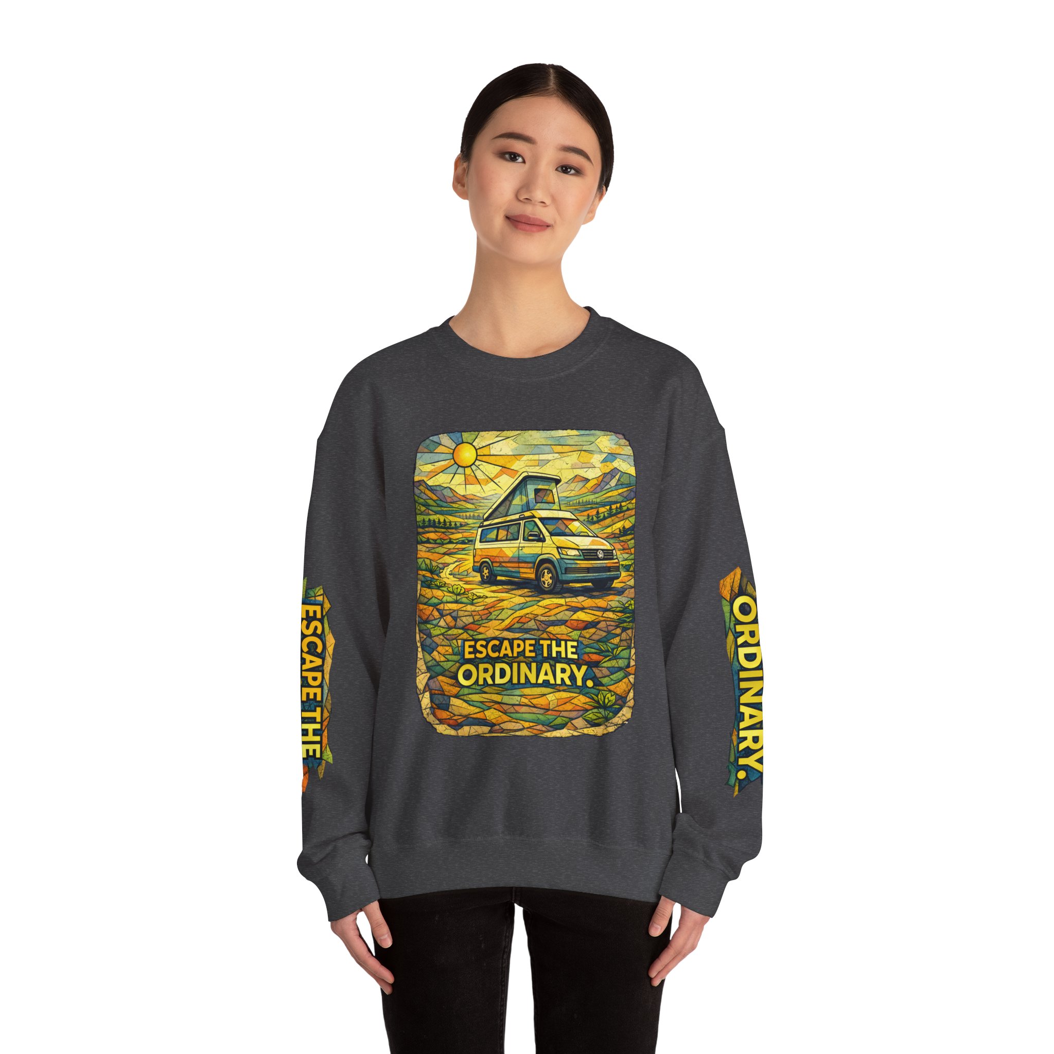 Unisex Heavy Blend™ Crewneck Sweatshirt — "Escape The Ordinary" Design Cubic-Line