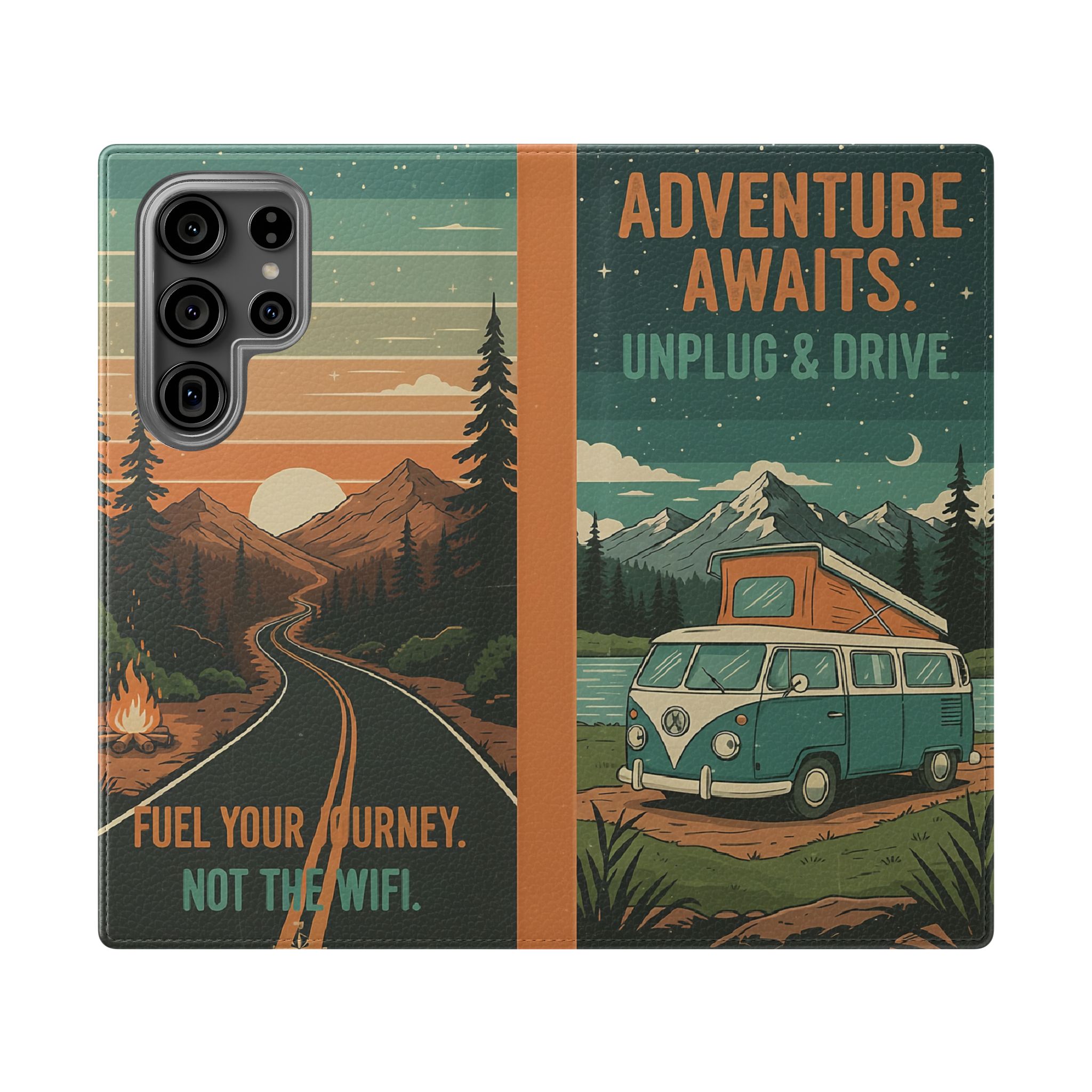 Flip Phone Case — "Adventure Awaits Unplug & Drive" Wallet Case