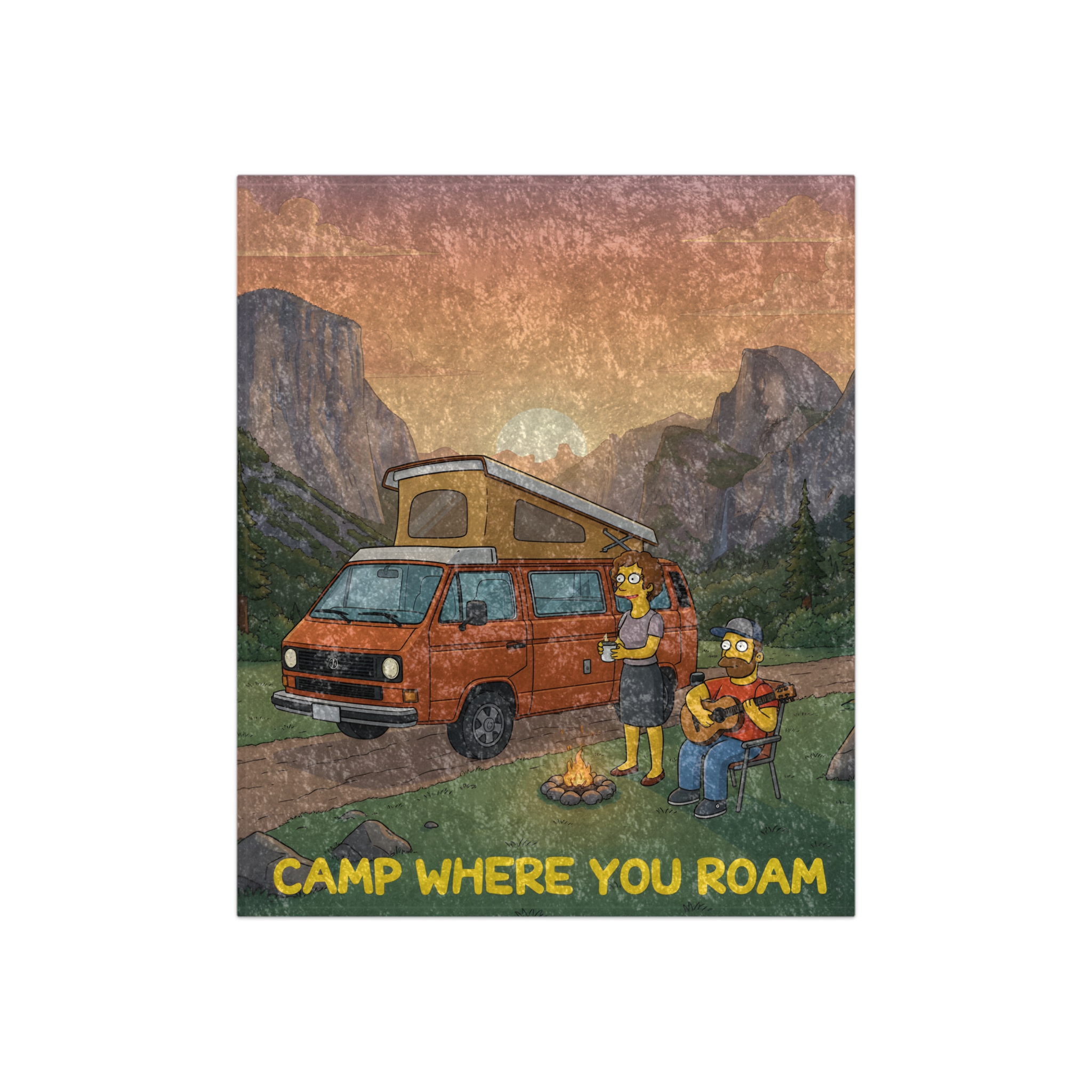 Crushed Velvet Blanket —"Camp Where You Roam" Design Sitcom-Line (Campervan)