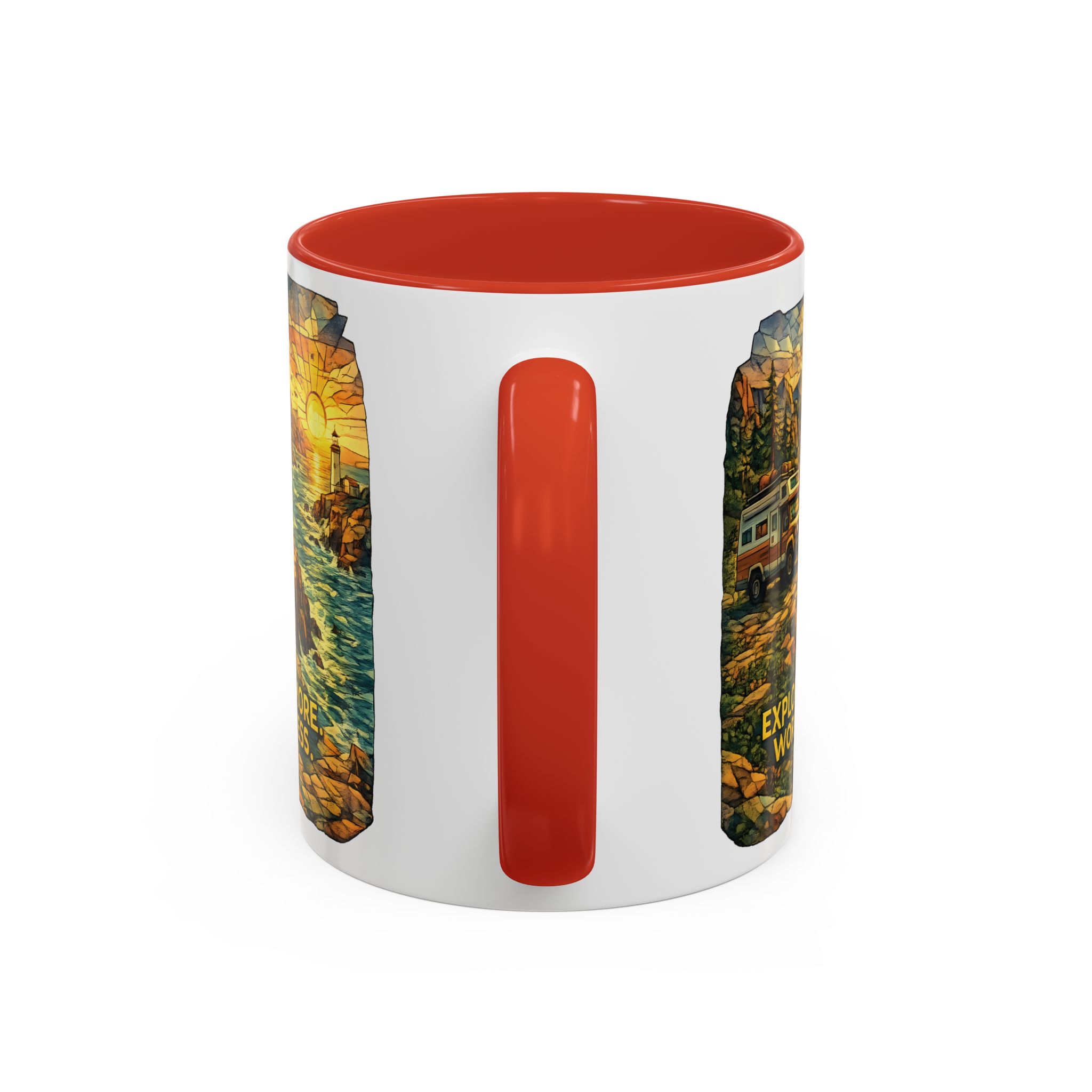 Accent Coffee Mug (11, 15oz) — "Explore More Worry Less" Design Cubic-Line