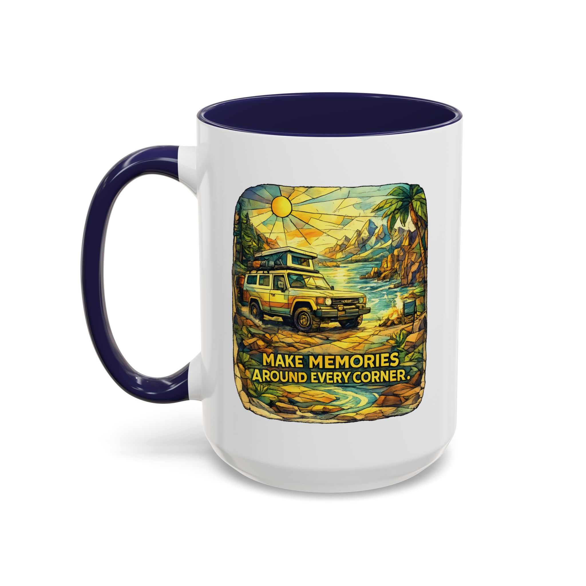 Accent Coffee Mug (11, 15oz) — "Make Memories Around Every Corner" Design Cubic-Line