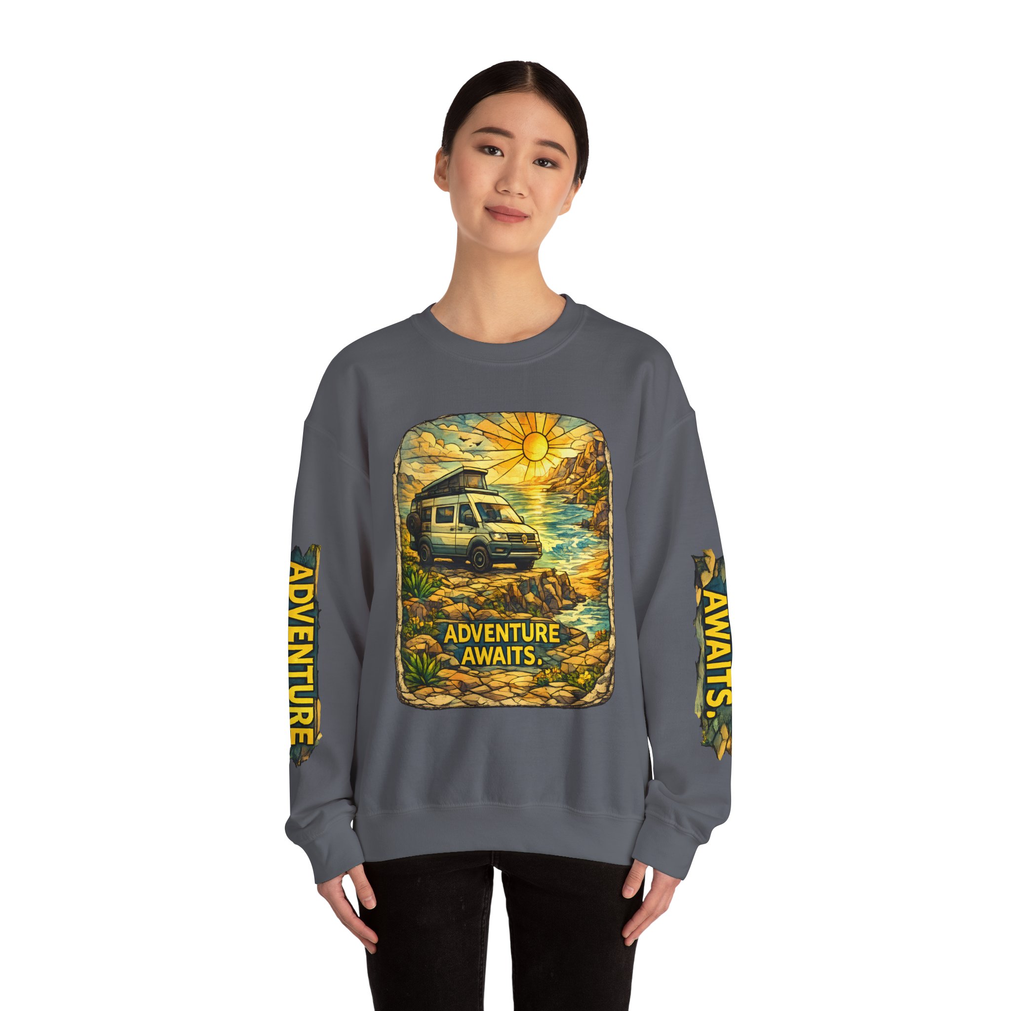 Unisex Heavy Blend™ Crewneck Sweatshirt — "Adventure Awaits" Design Cubic-Line