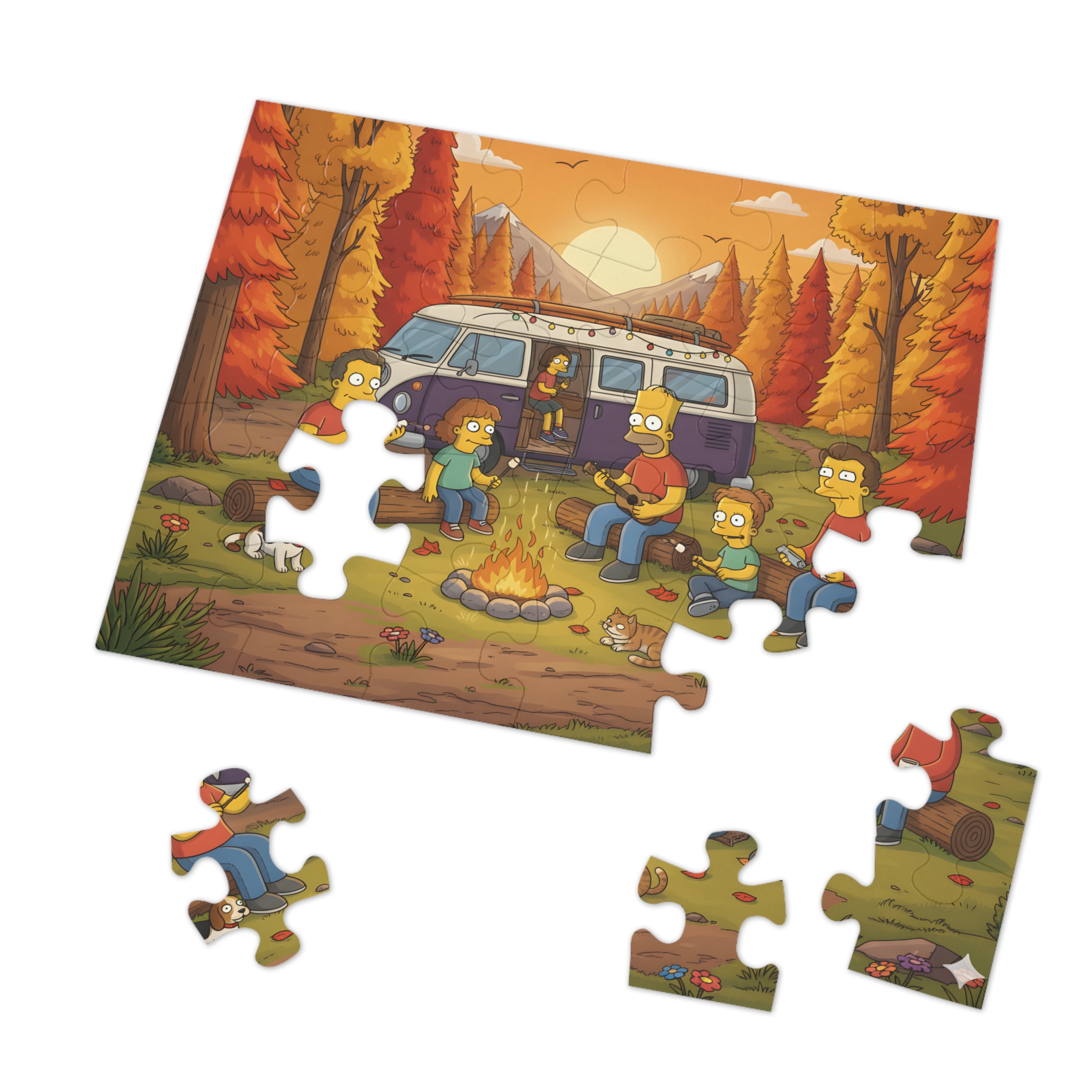 Jigsaw Puzzle with Tin — Autumn Van Bonfire Scene