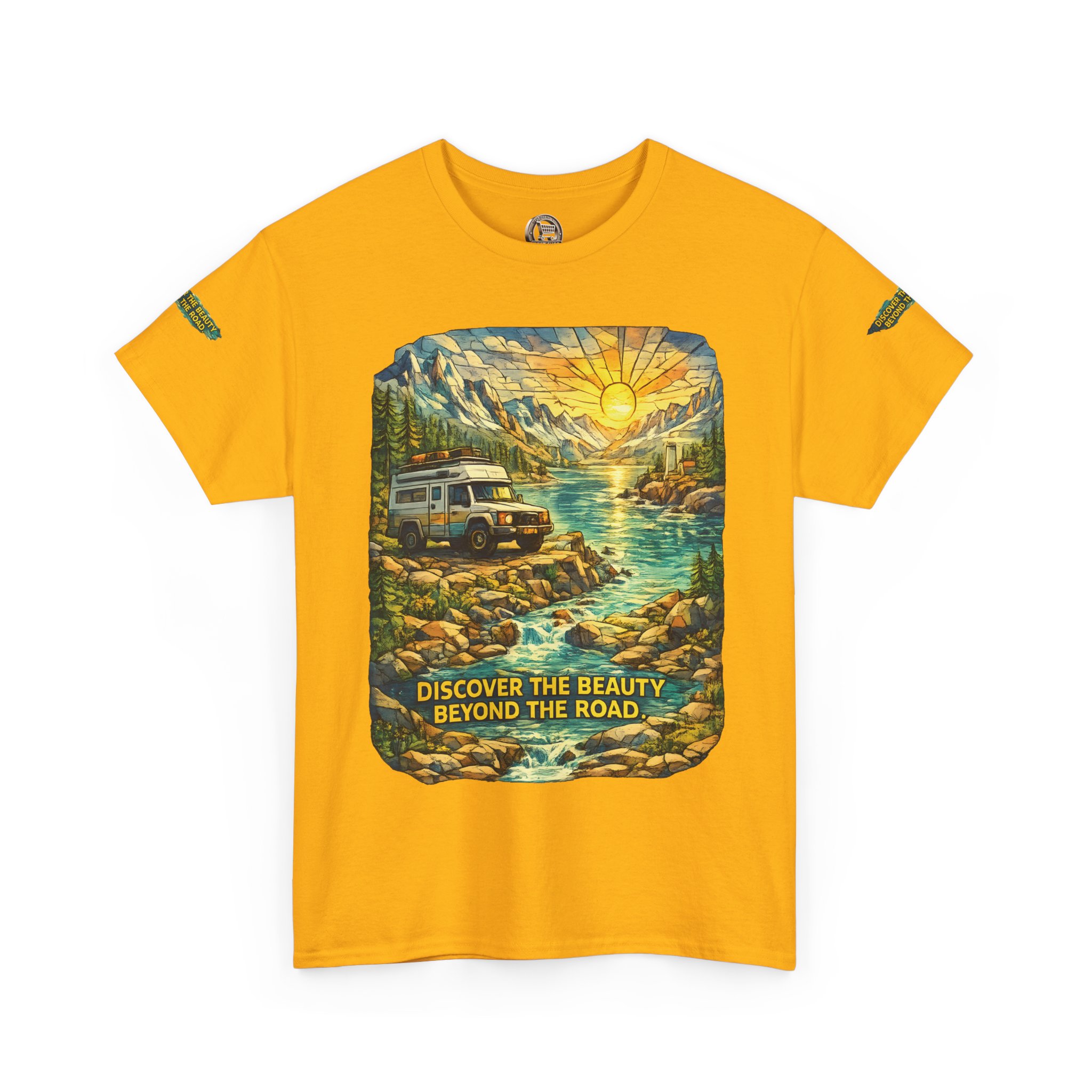 Unisex Heavy Cotton Tee — "Discover The Bieuty Beyond The Road" Design Cubic-Line