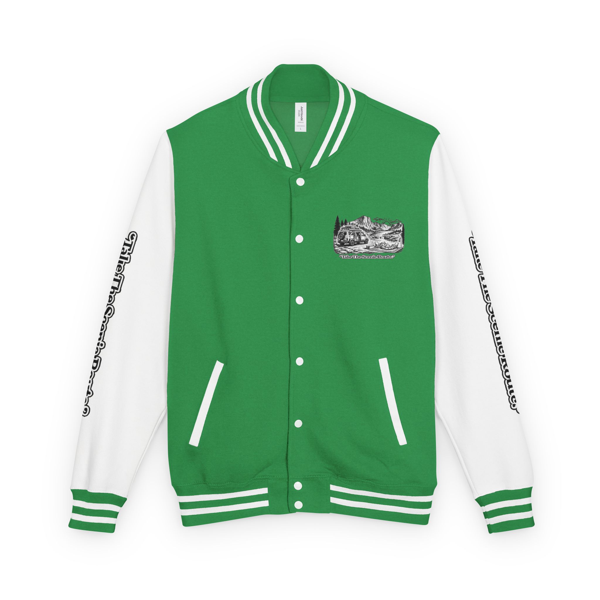Unisex Heavyweight Letterman Jacket — "Take The Scenic Route" Travel Varsity Coat