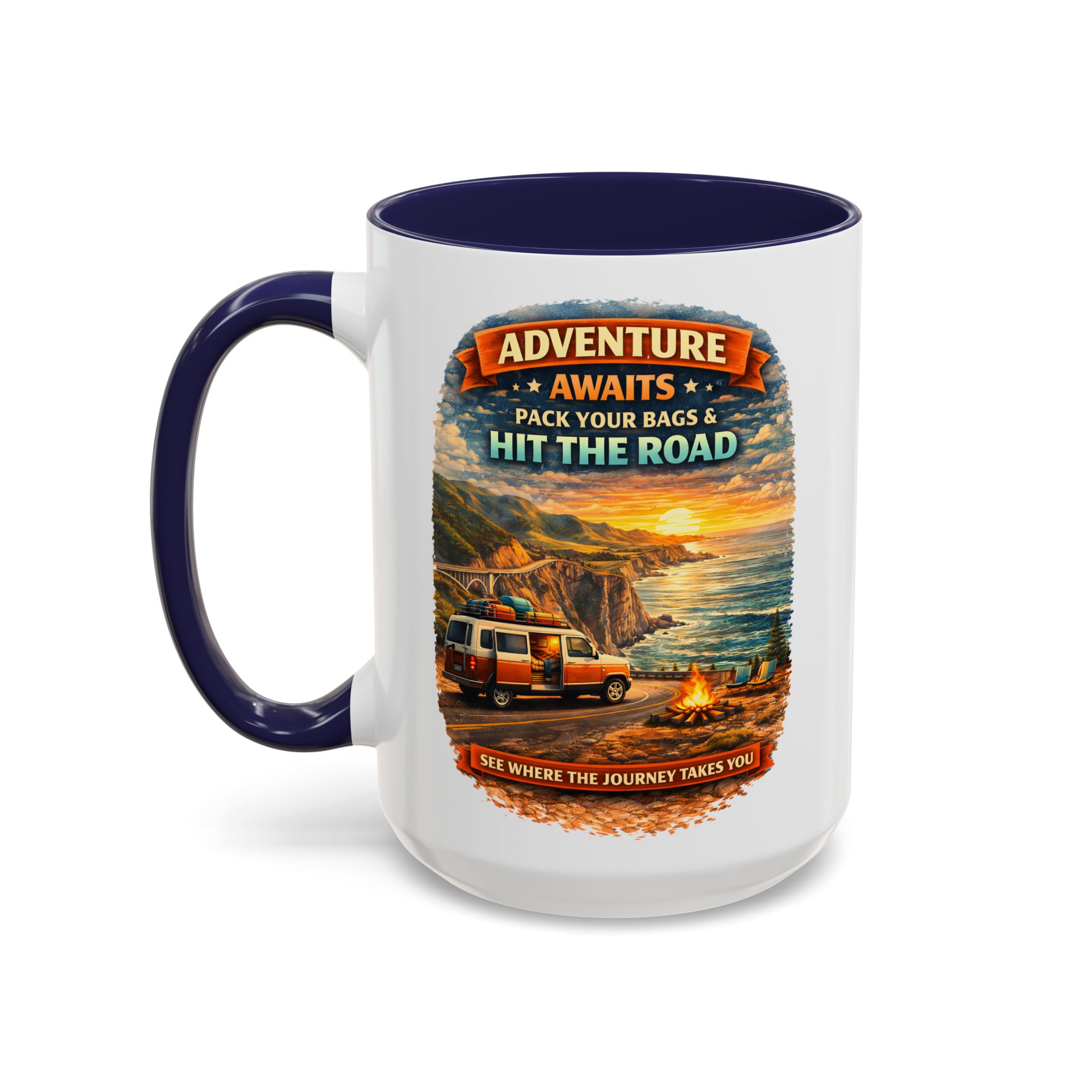 Accent Coffee Mug (11, 15oz) — "Adventure Awaits-Pack Your Bags" Design Scenic-Line