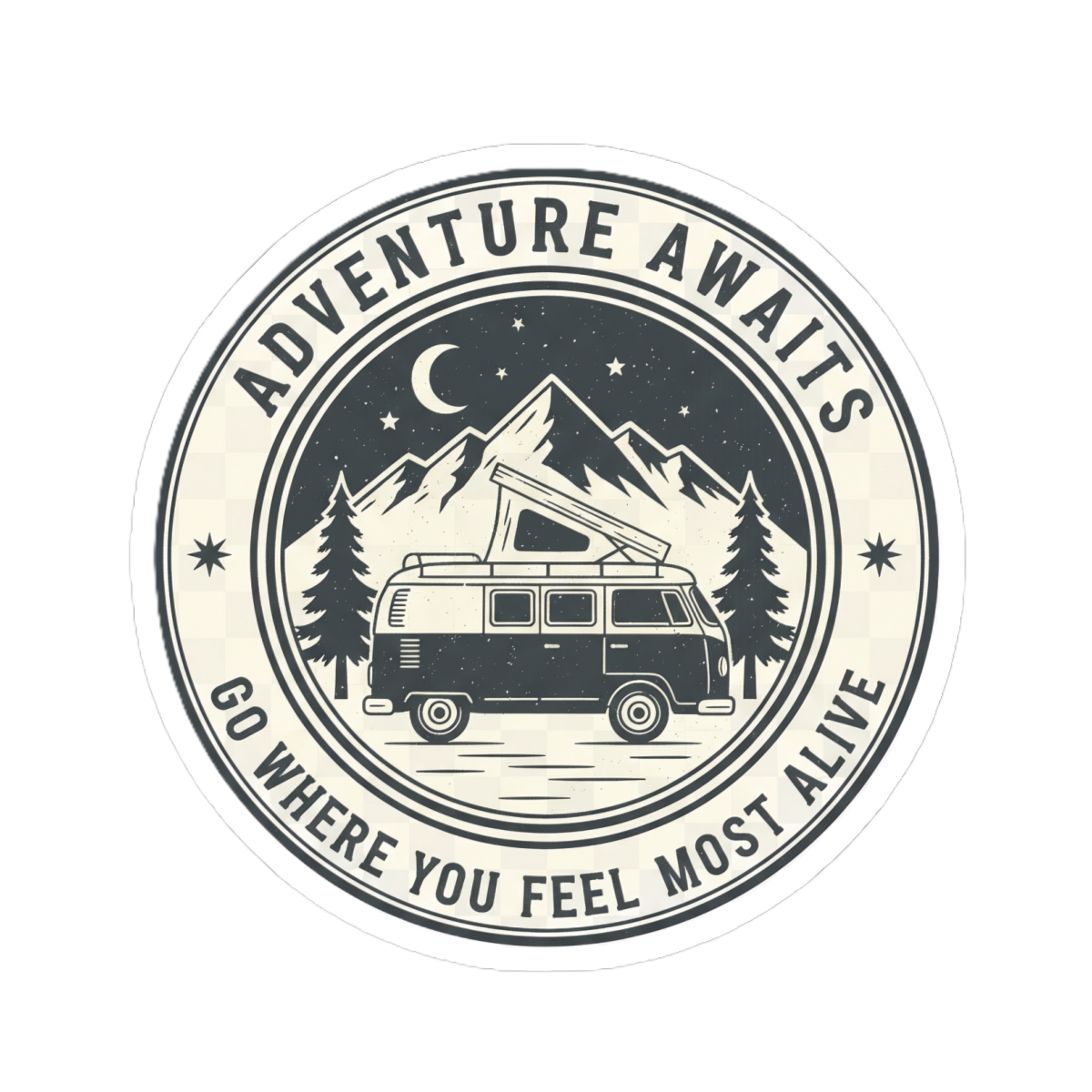 3635709600551801366_1200.jpeg Round Sticker — "Adventure Awaits-Go Where You Feel Most Alive" Camper Van Decal