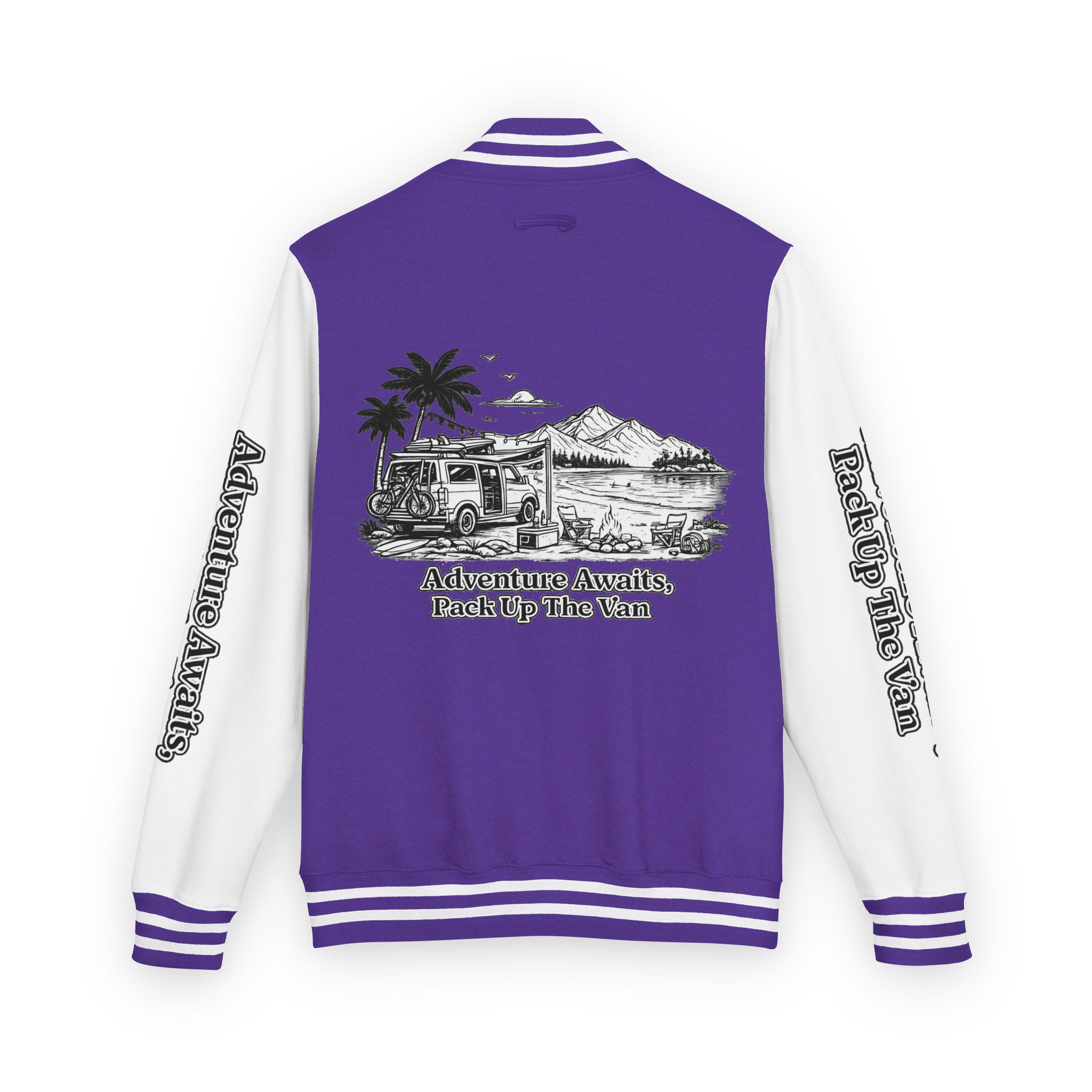Unisex Heavyweight Letterman Jacket — "Adventure Awaits,Pack Up The Van" Travel Varsity Coat