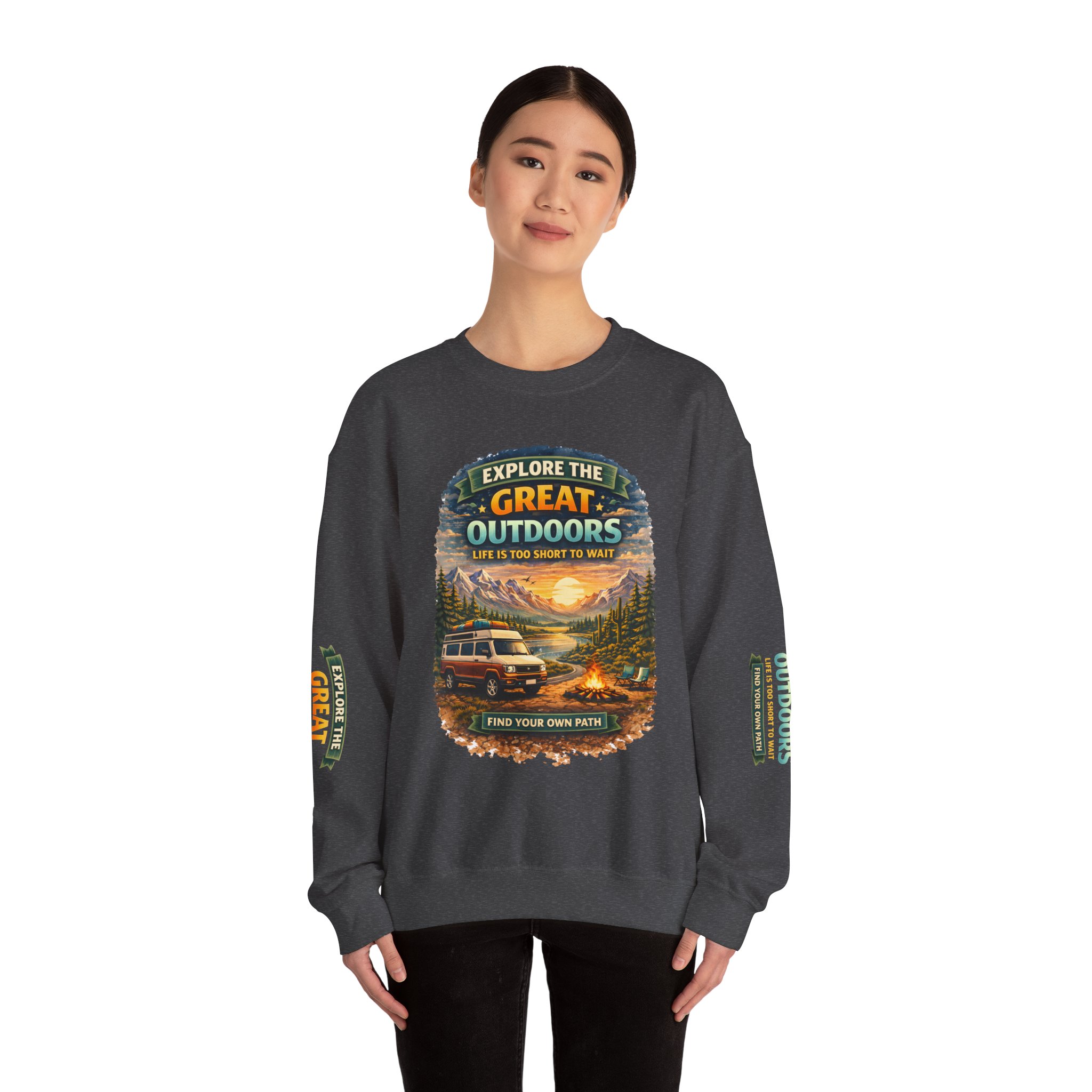 Unisex Heavy Blend™ Crewneck Sweatshirt — "Explore The Great Outdoors" Design Scenic-Line