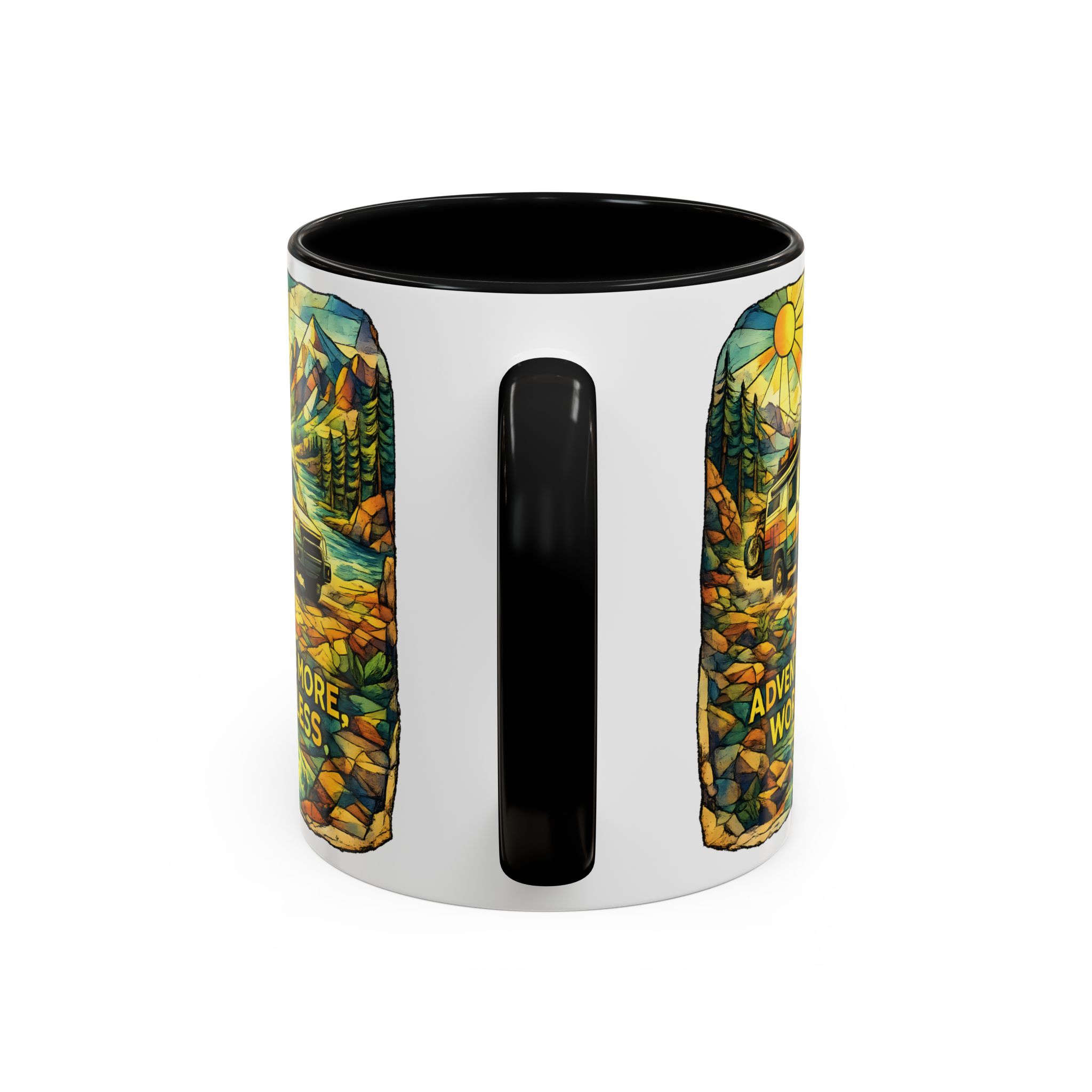 Accent Coffee Mug (11, 15oz) — "Adventure More Worry Less" Design Cubic-Line