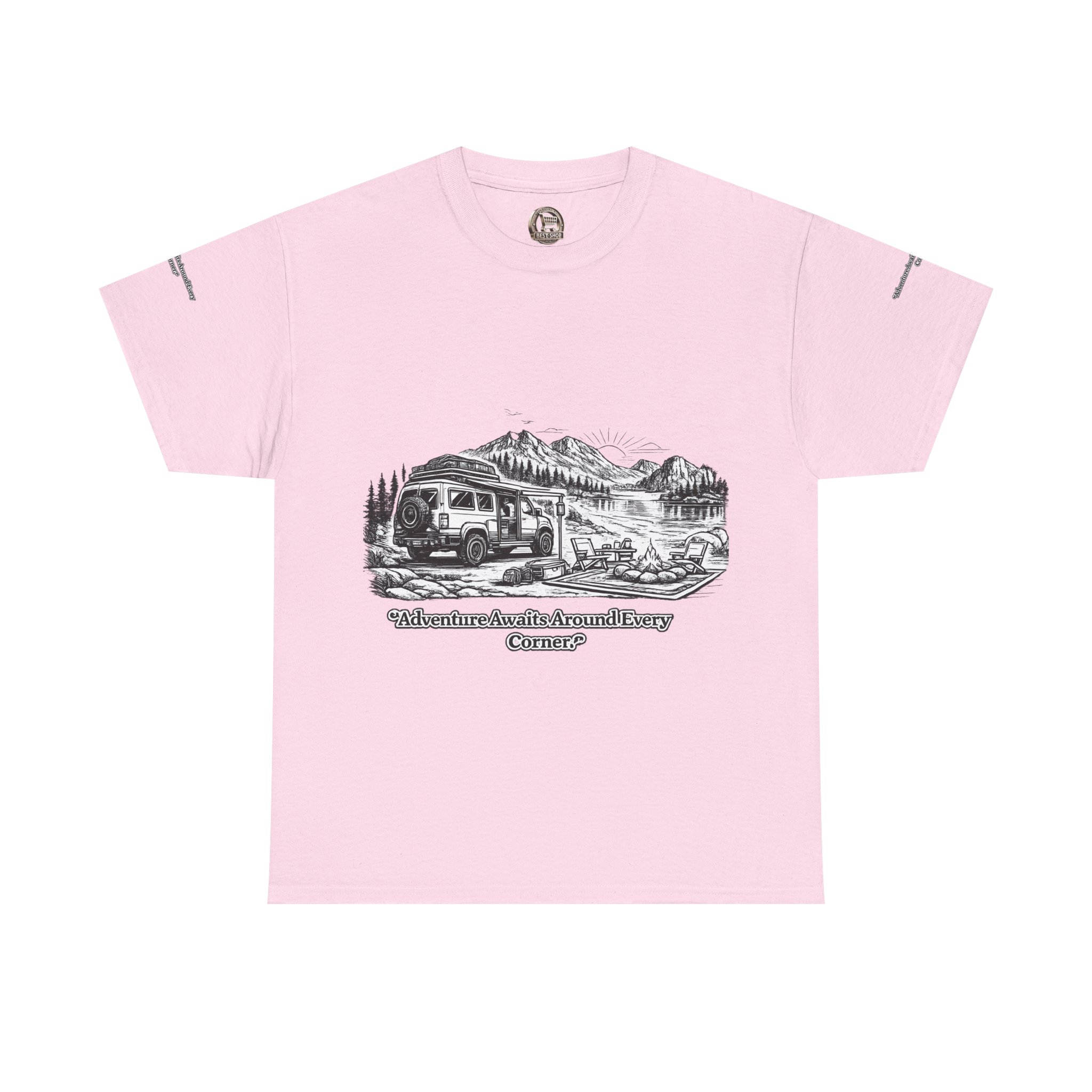 Unisex Heavy Cotton Tee — "Adventure Awaits Around Every Corner" Design Minimal-Line