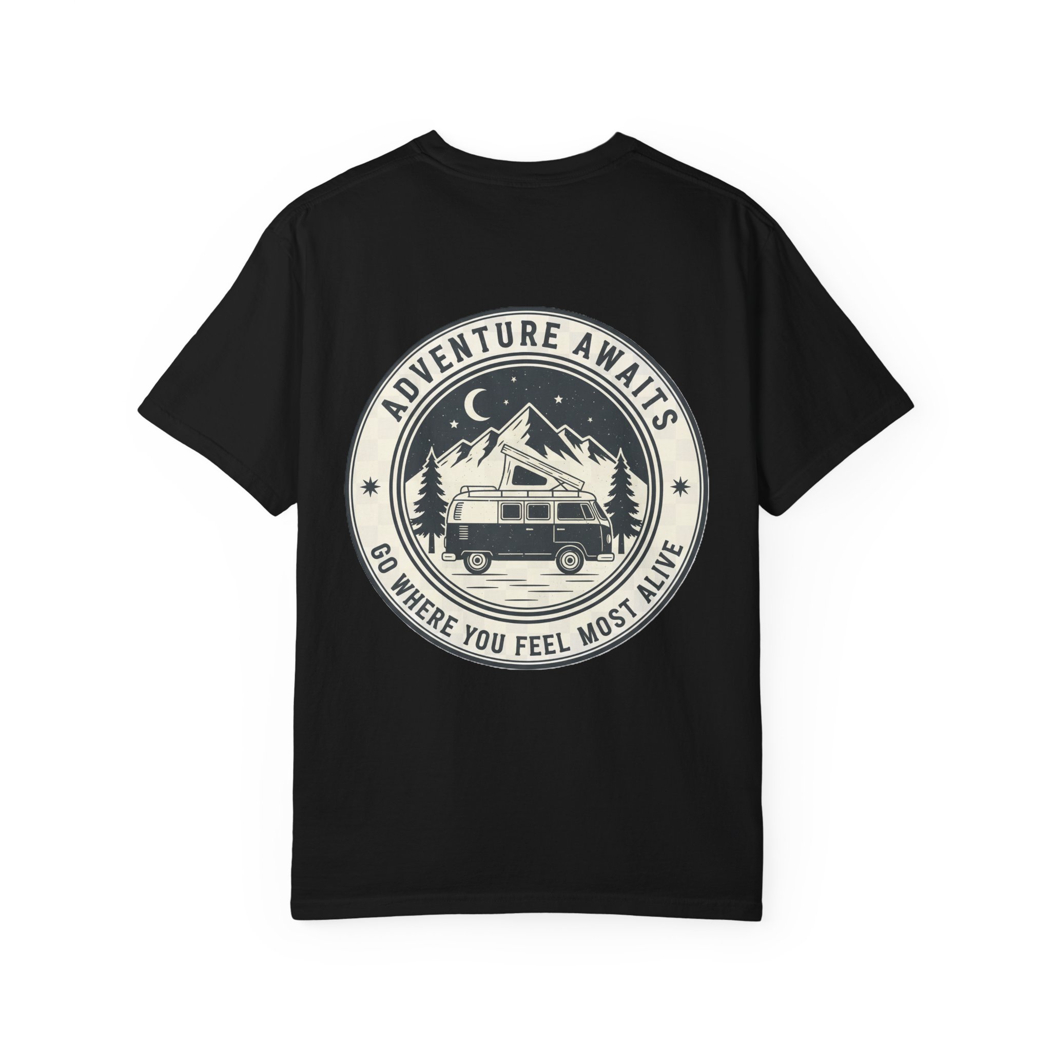 3685168077407342545_2048.jpeg T-Shirt — "Adventure Awaits-Go Where You Feel Most Alive" (Front + Back Printed) Outdoor Travel Tee