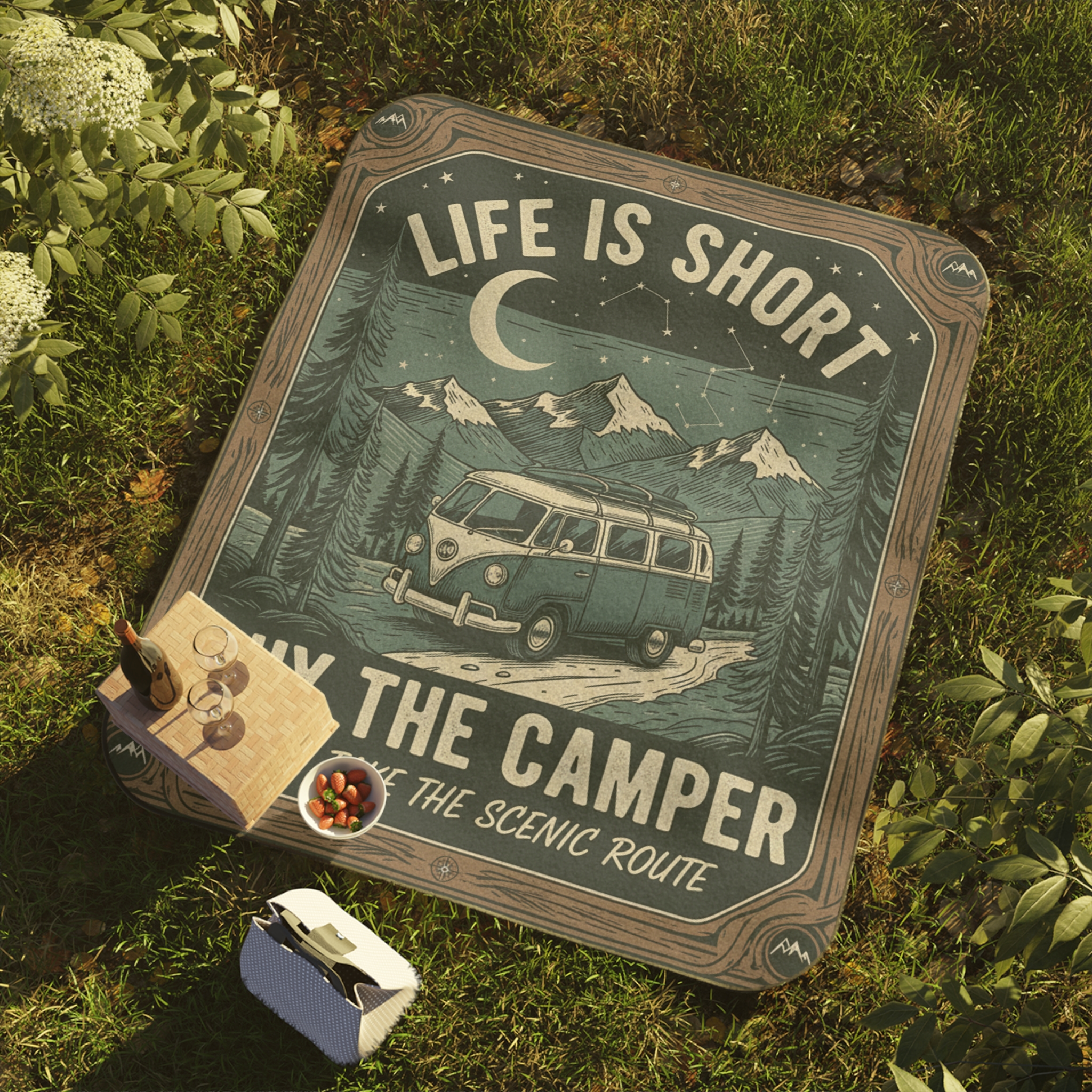 Picnic Blanket — "Life Is Short, Buy The Camper" Vintage Camper Outdoor Blanket