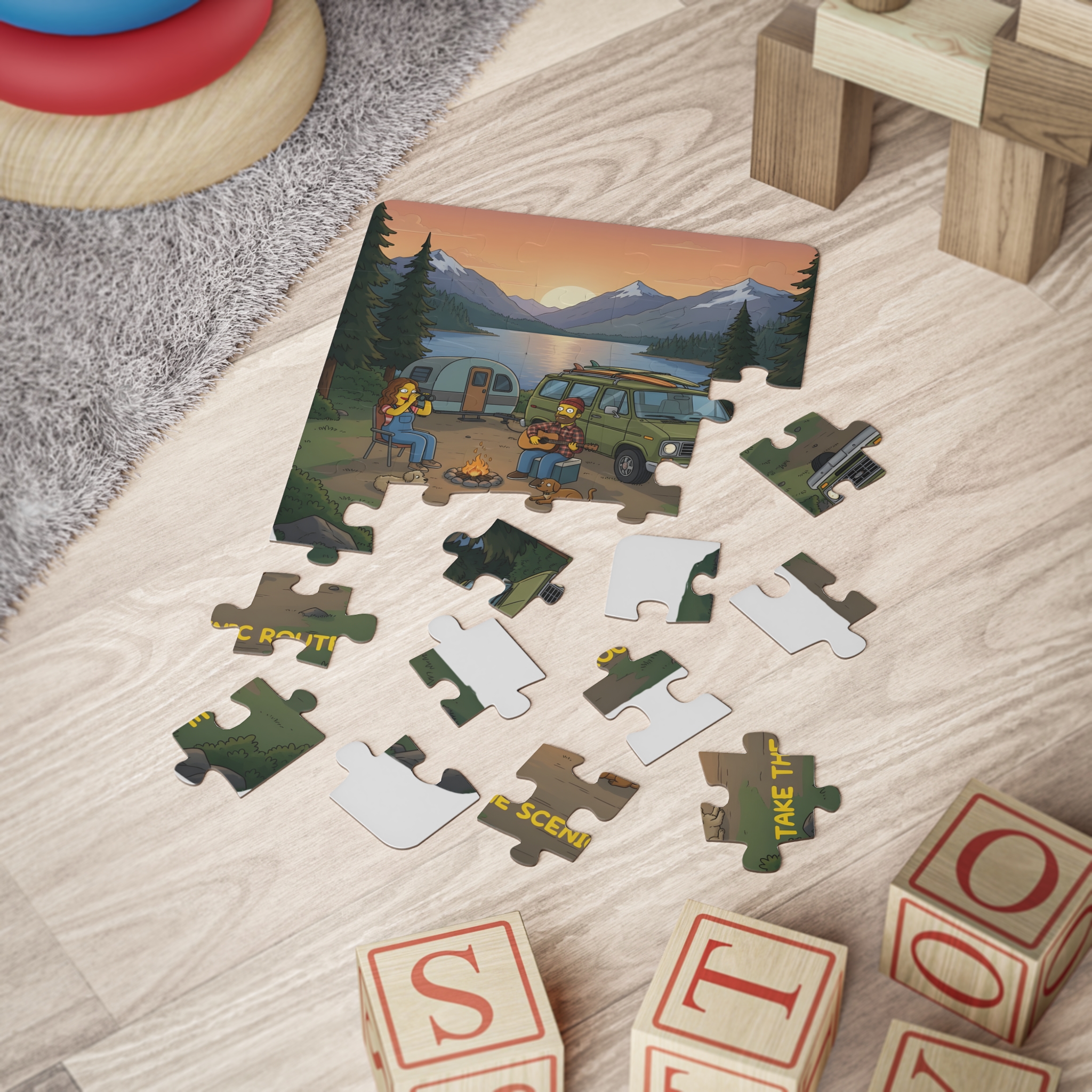 3695330362965014068_2048.jpeg Kids' 30‑Piece Camping Puzzle — Sunset Mountain Campfire Scene