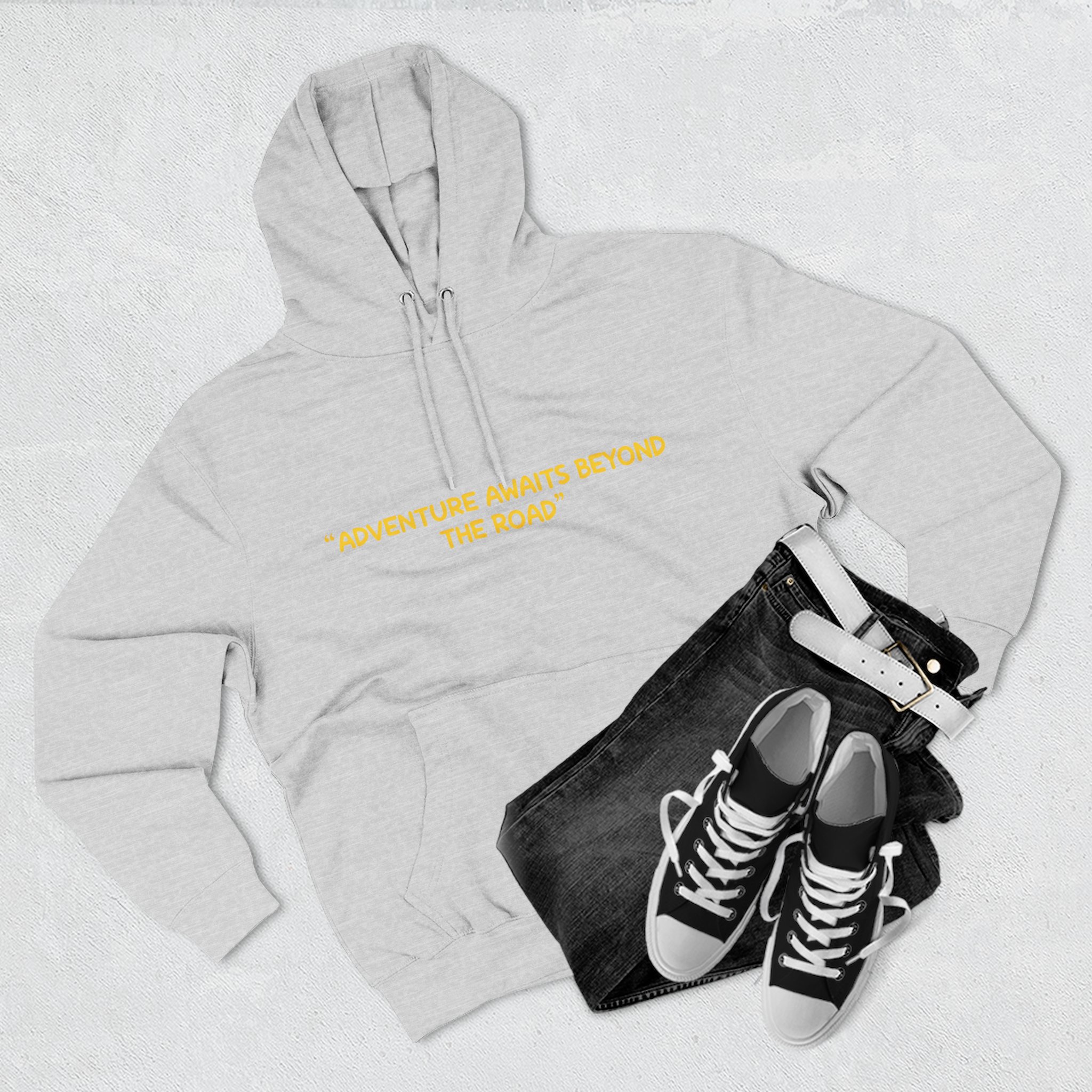 Three-Panel Fleece Hoodie - "Adventure Awaits Beyond The Road" Design Sitcom-Line