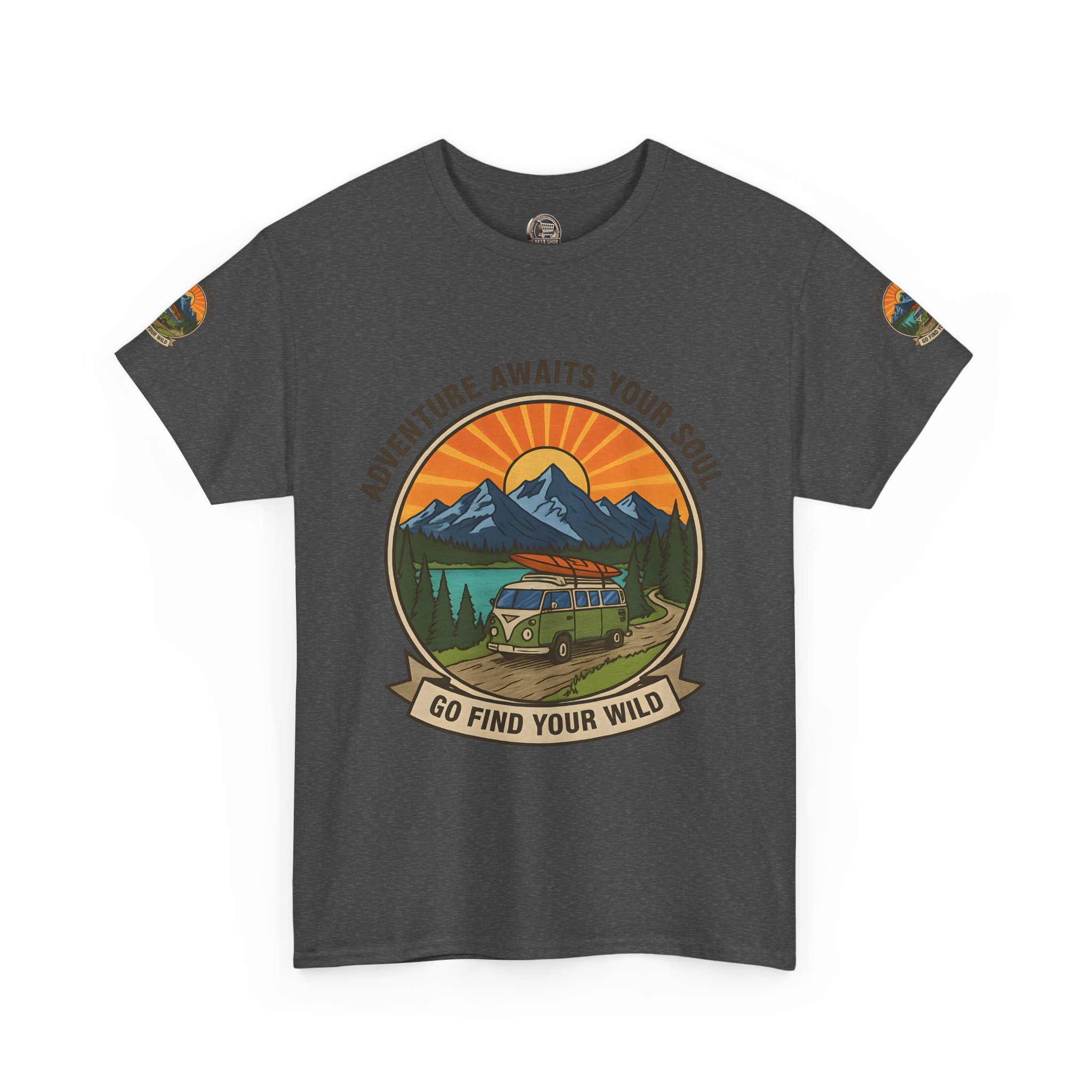 Unisex Heavy Cotton Tee — “Adventure Awaits Your Soul: Go Find Your Wild” Van & Mountain Graphic
