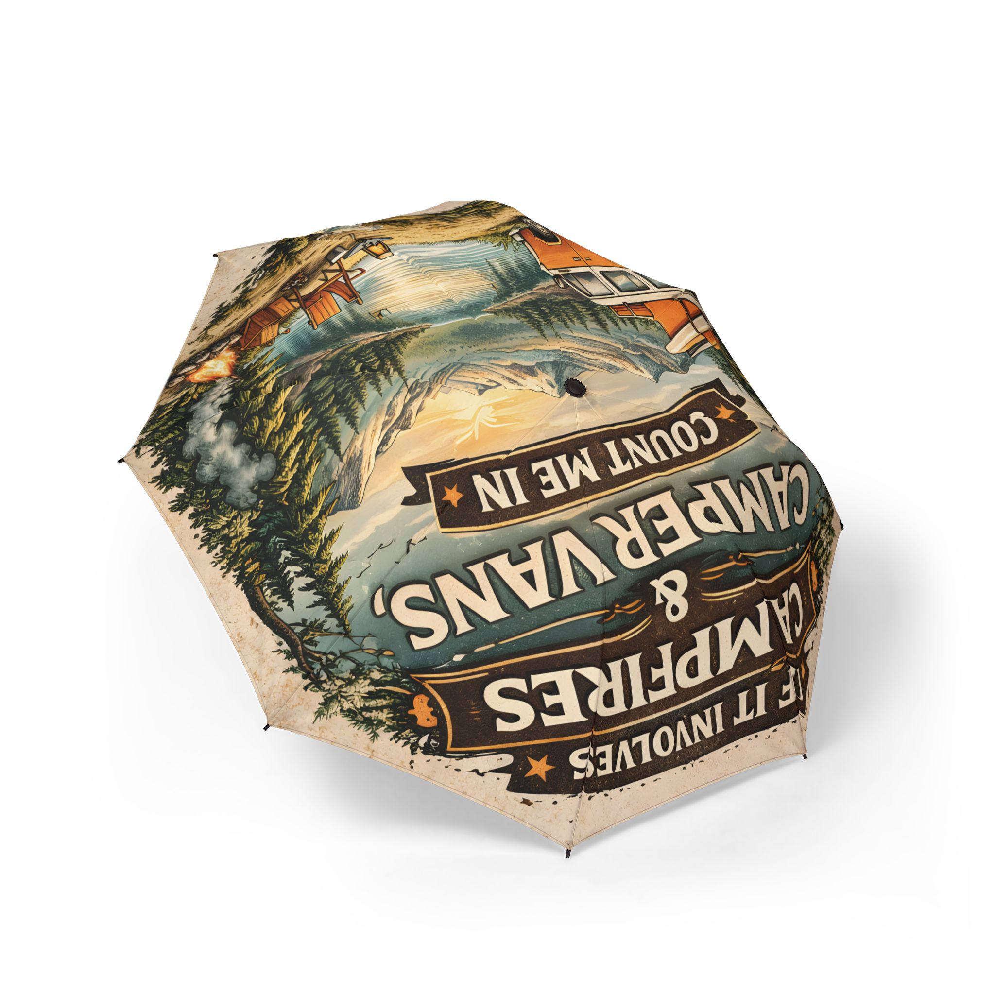 Semi-Automatic Foldable Umbrella — "If It Involves Campfires-Count Me In" Vintage Adventure Print