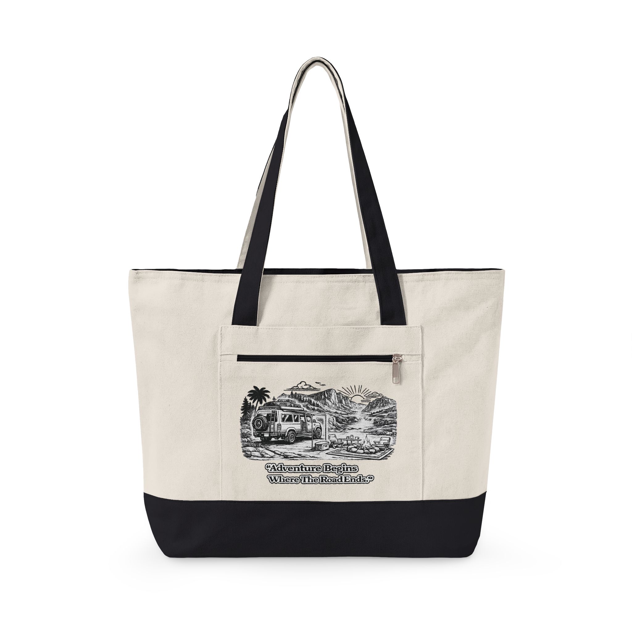 Zippered Canvas Tote — "Adventure Begins Where the Road Ends" (Design Minimal-Line)