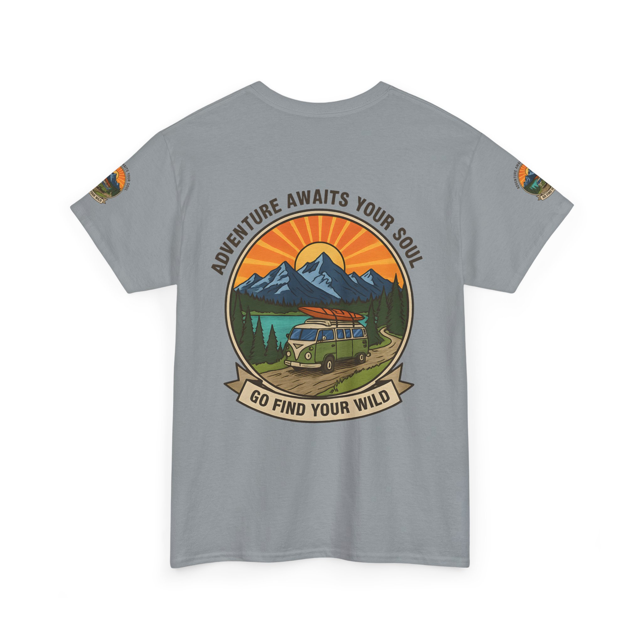 Unisex Heavy Cotton Tee — “Adventure Awaits Your Soul: Go Find Your Wild” Van & Mountain Graphic