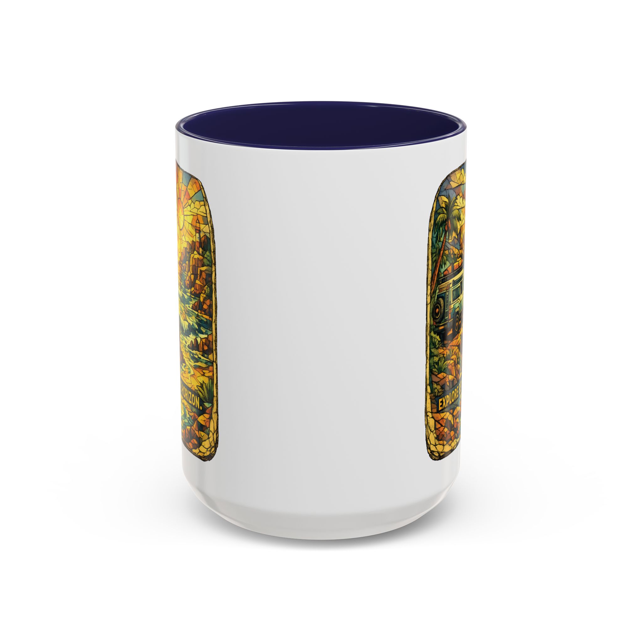 Accent Coffee Mug (11, 15oz) — "Explore Beyond The Horizon" Design Cubic-Line