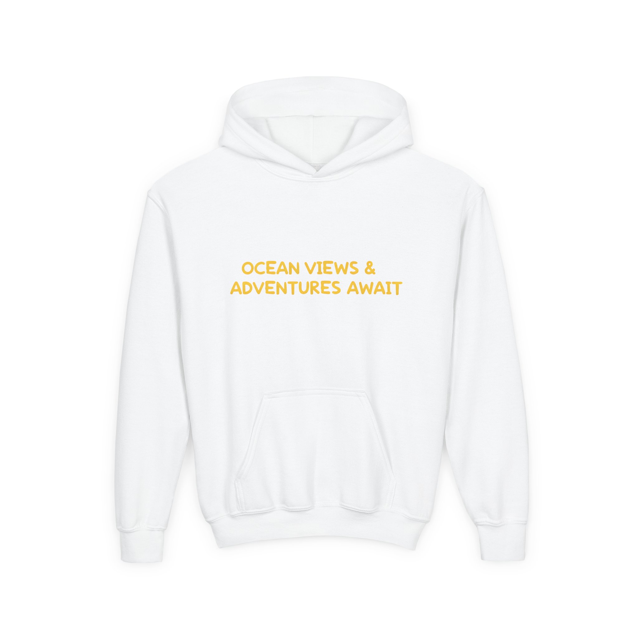 Youth Hoodie(Gildan) – "Ocean Views-Adventures Awaits" (Design Sitcom-Line)