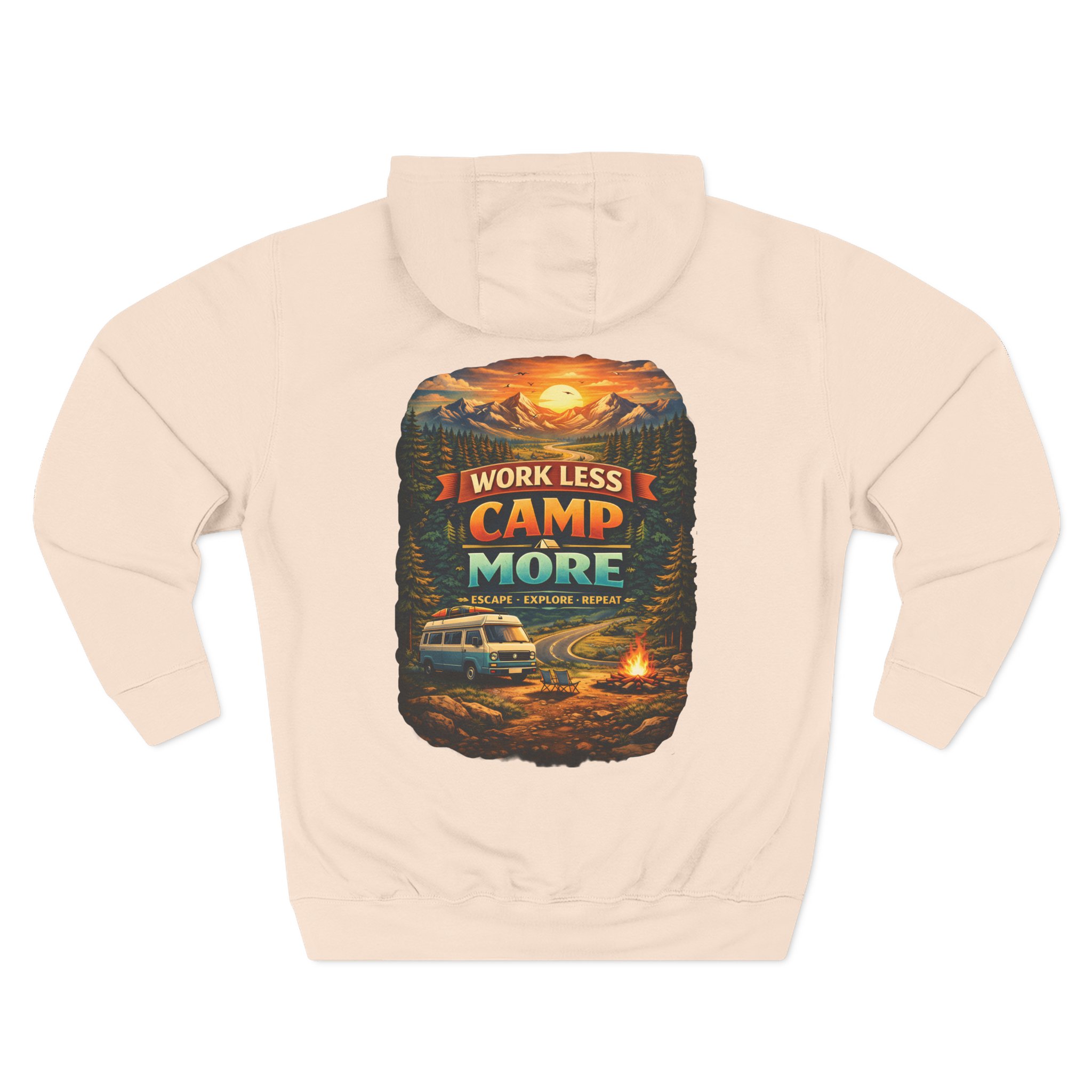 Three-Panel Fleece Hoodie - "Work Less-Camp More" Design Scenic-Line